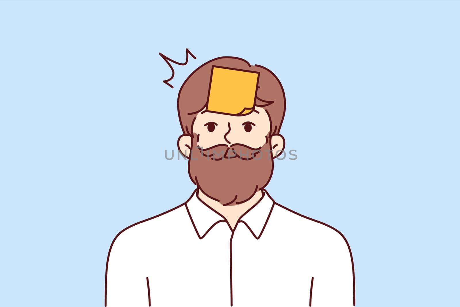 Hipster man with sticky notes on forehead looking at camera smiling. Hipster guy with mustache and beard tries to guess what is written on sticker playing with colleagues or friends