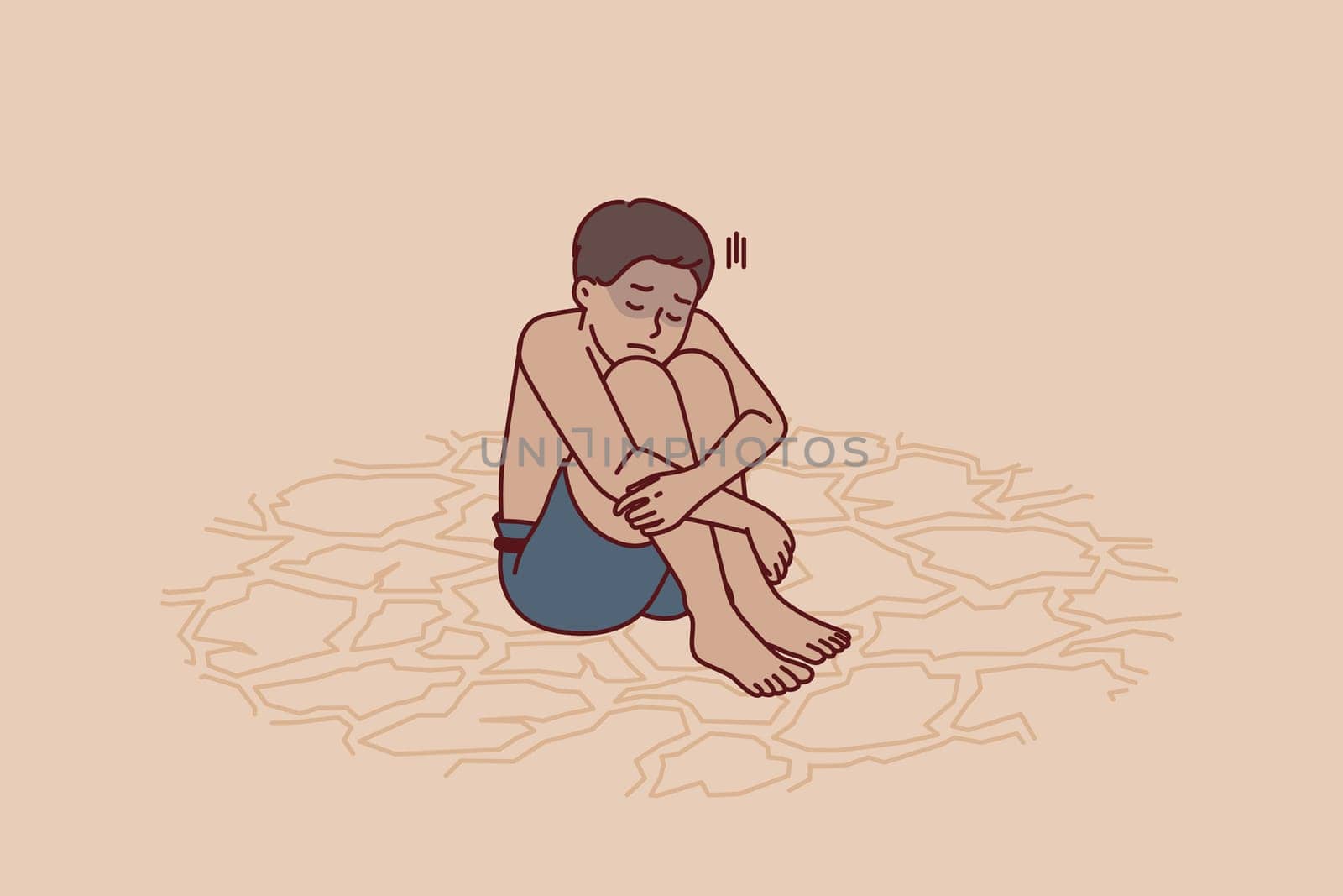 Sad boy feeling thirsty sits on dry ground after global climate change and pollution of ecological environment. Child suffers from lack of drinking water or drought that has destroyed rivers and lakes