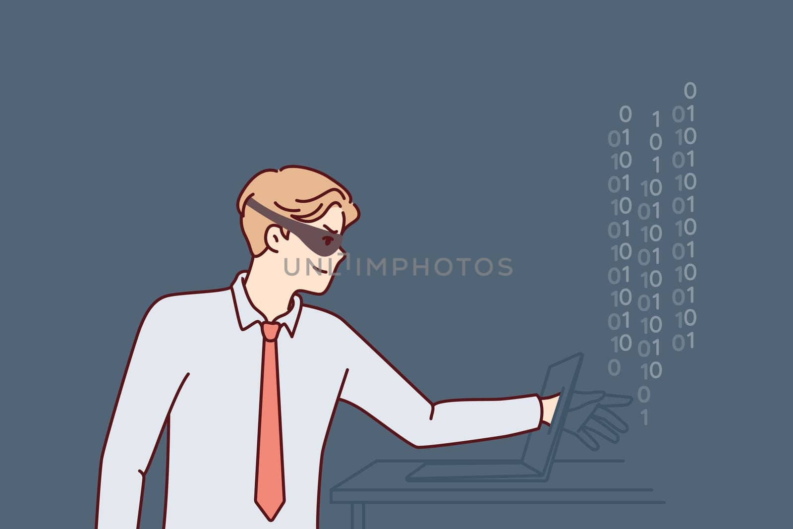 Man hacker in mask hiding face reaches out to laptop screen to steal important information or commit cybercrime. Guy hacker makes digital fraud and hacks computer via internet or local network