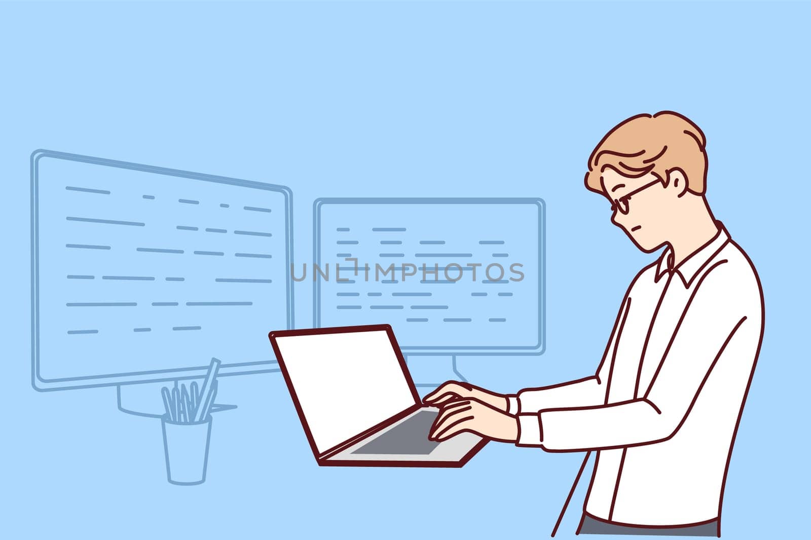 Man software developer is standing at table with laptop and monitors creating server applications. Dispatcher guy works as it analyst using software to monitor load on company computer systems.