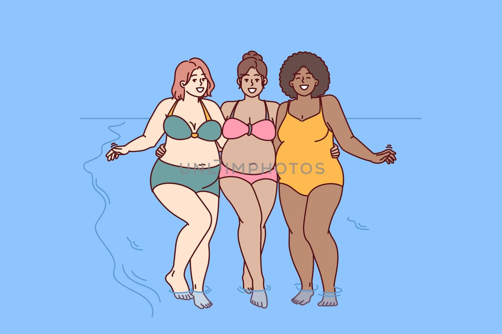 Cheerful plus size women dressed in swimsuit stand hugging on sunny beach near sea water and look at camera smiling. Diverse plus size girls for concept of no prejudice and body positivity