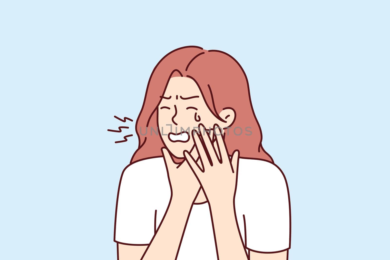 Woman suffering from toothache crying holding cheek needs help from qualified dentist from dental clinic. Girl is experiencing toothache due to inflammation of gums or stomatitis and caries