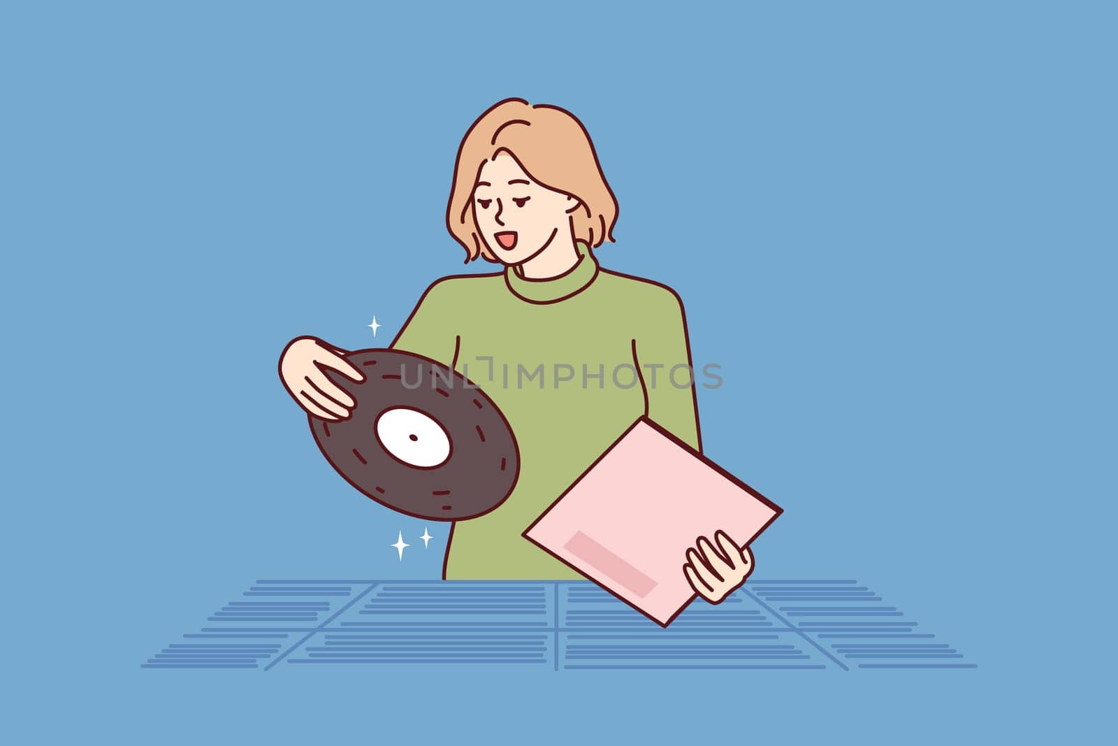 Woman chooses vinyl record standing in store for retro music collectors and analog audio lovers. Girl is looking for classical music from favorite composer at used vinyl record fair