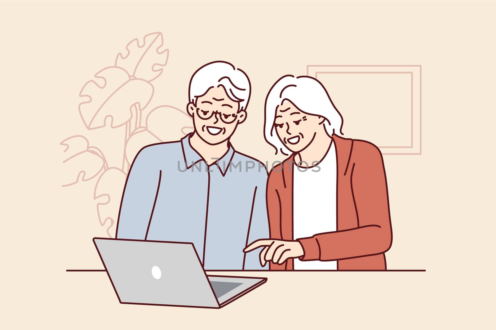 Elderly men and women are sitting at table with laptop learning how to handle modern technology and computer literacy. Elderly couple make video call to children using laptop with internet