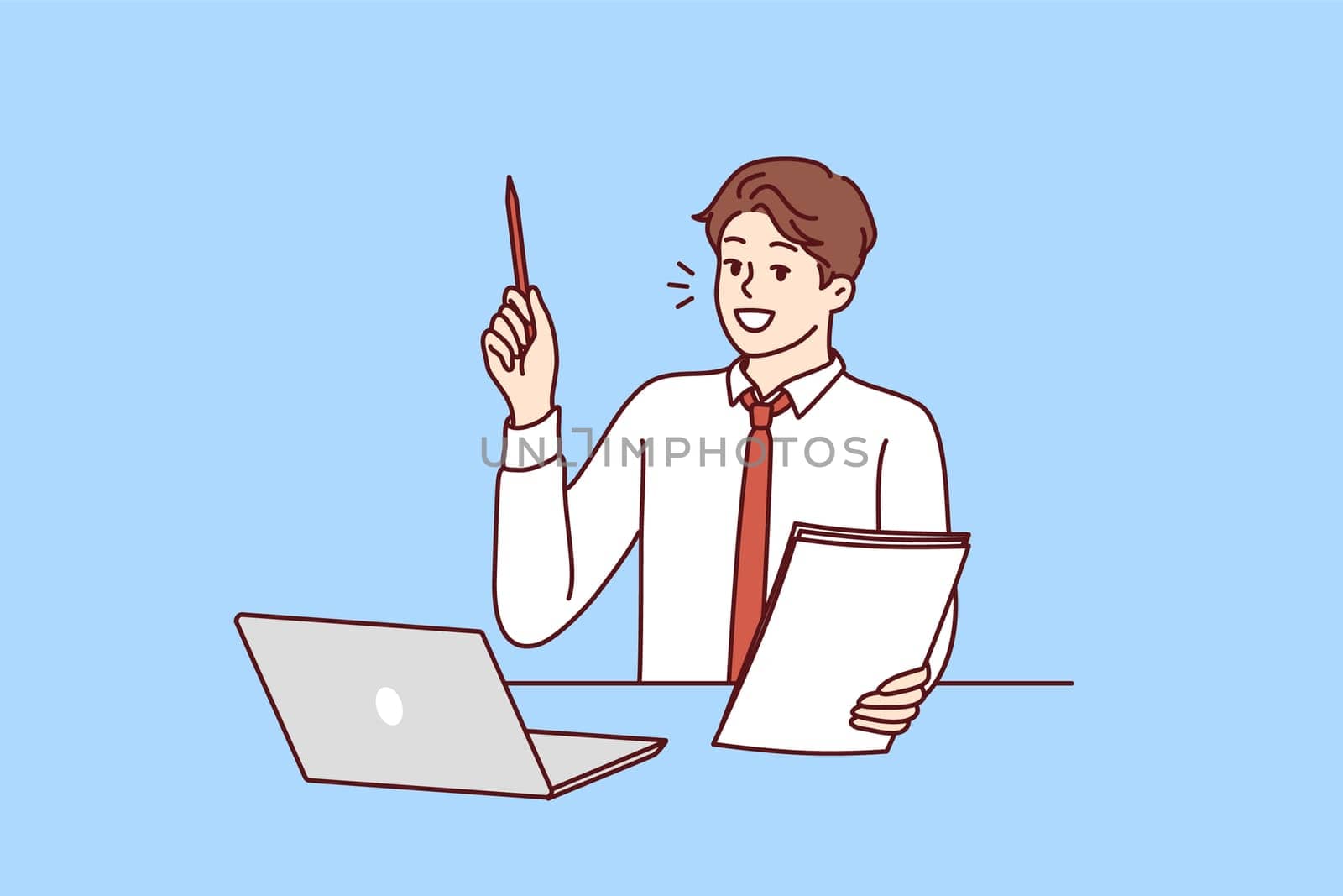 Businessman is sitting at table with laptop raising pen up participating in webinar on management. Guy student with notebook in hand raises hand wishing to become successful businessman