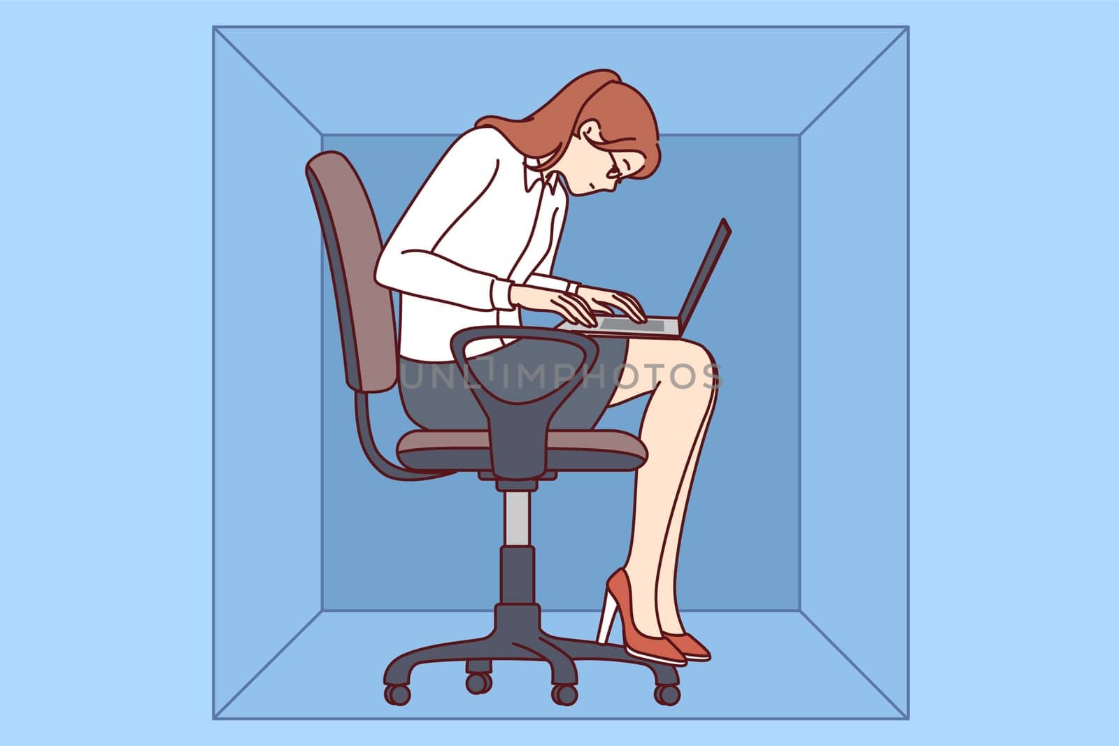 Woman with laptop sits in cardboard box typing article working in cramped office of small company. Young girl office worker is inconvenienced due to lack of free space in workplace