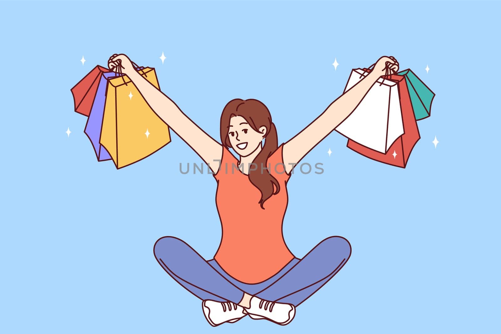 Woman with multi-colored packages from clothing stores sits with her arms apart after successful shopping. Girl who won shopping lottery shows off things purchased at big discount or cashback