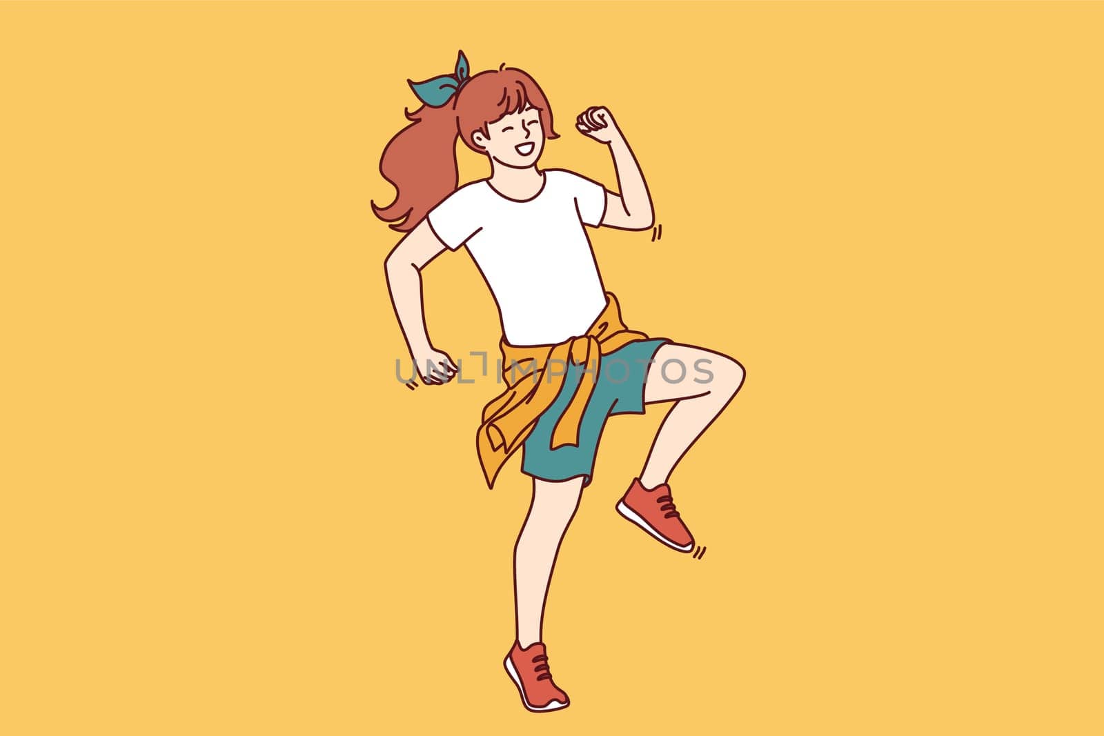 Little girl elementary school student stands in pose of running person for concept of happy childhood. Positive teenage girl with good mood dressed in casual clothes for summer walks
