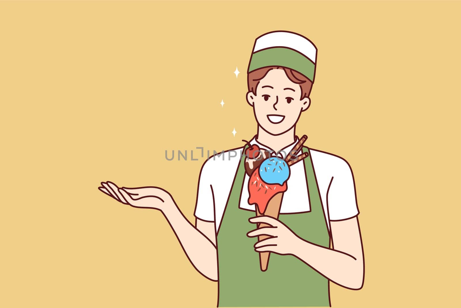 Woman ice cream seller holds cold dessert in waffle cup offering fruit delicacy to refresh after walk. Girl waiter in apron demonstrates ice cream to satisfy hunger in hot summer weather