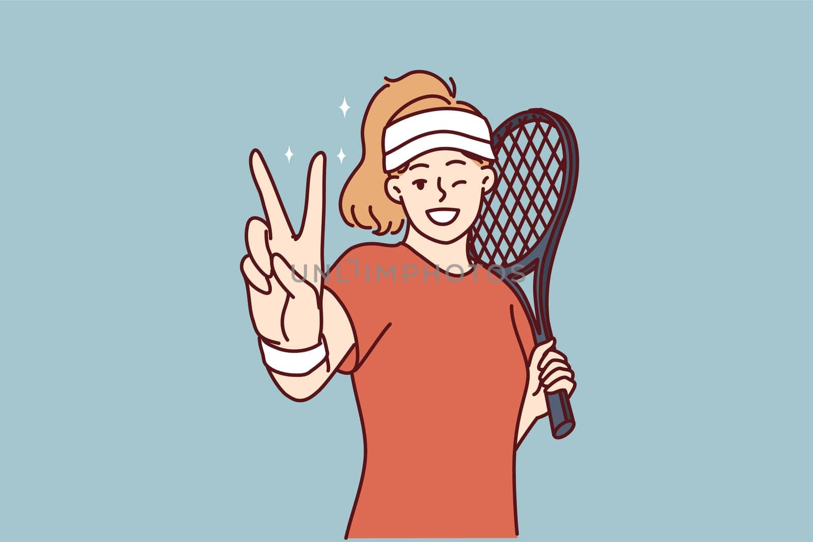 Woman tennis player demonstrates victory gesture before tournament or championship against professional opponent. Girl with tennis racket stands on court playing sports leads healthy lifestyle