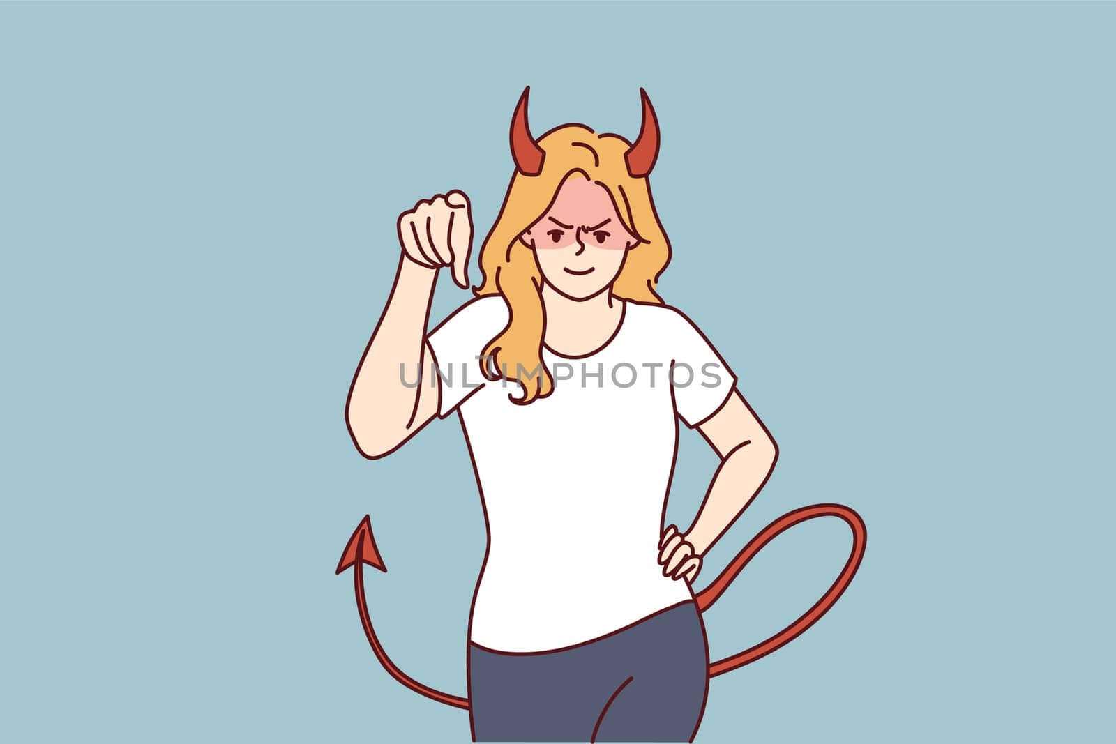 Woman demon with horns and tail points her finger at screen and looks at you aggressively. Evil demon girl threatens or tries to solve problems that have arisen with help of violence and aggression