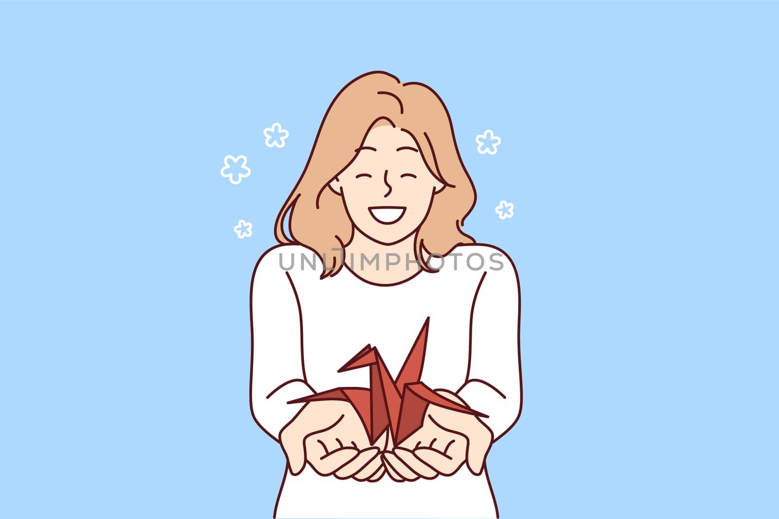 Woman with origami crane in palms wants to draw attention to problem of wildlife and extinction of animals from red book. Positive smiling girl holding origami bird for creative hobby concept