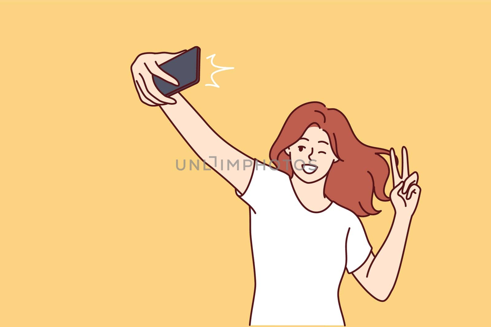 Woman laughs taking selfie and showing peace sign to post photo on social network or dating site. Positive girl blogger doing gesture with fingers recording selfie video for subscribers