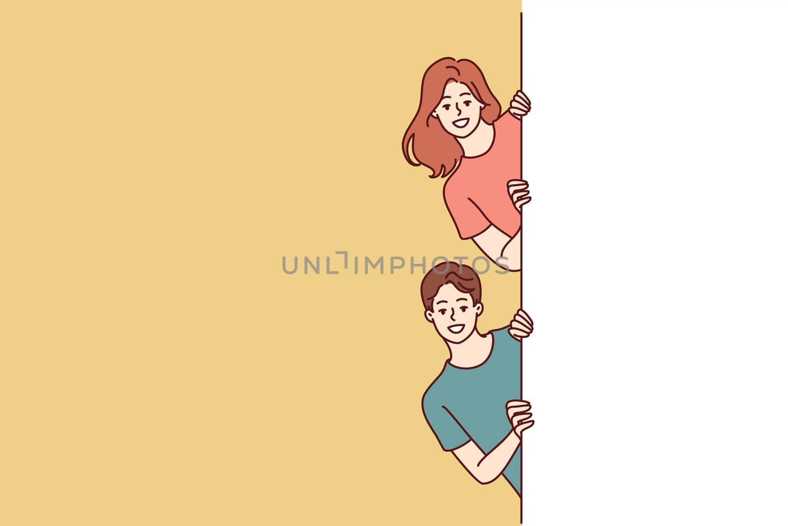 Happy man and woman with white banner peeking out recommending to pay attention to good advertisement offer. Young couple of guy and girl holding billboard for commercial or discount advertisement