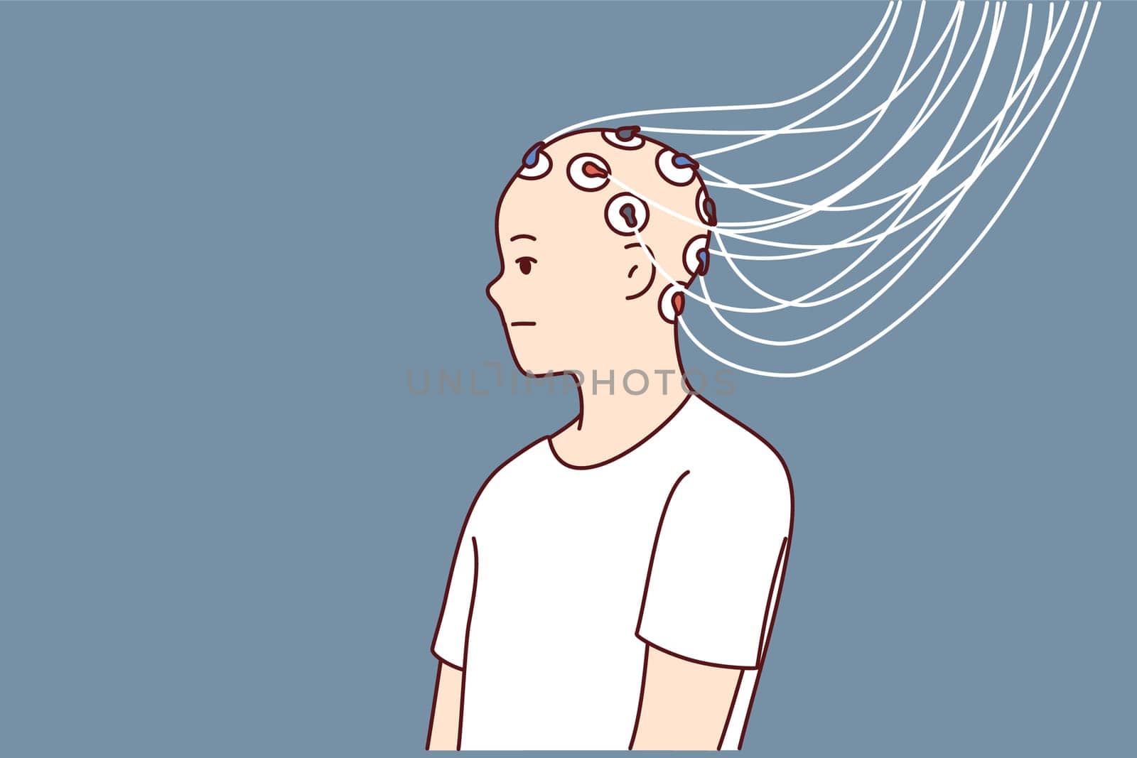 Man with electrodes connected to head to study brain activity and work of neurons or mind control