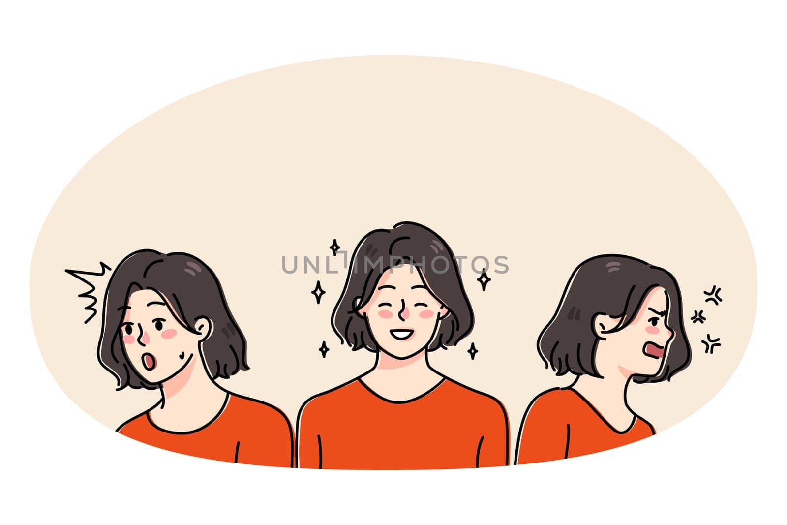 Young woman have different emotions have emotional disorder. Girl feeling angry and happy suffer from bipolar disorder or schizophrenia. Healthcare and medicine. Vector illustration.