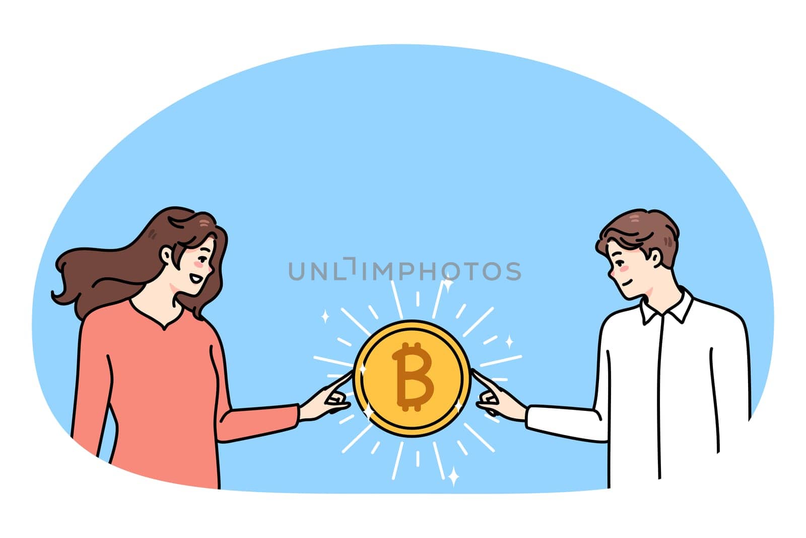 Happy man and woman touch hold bitcoin earn money on stock exchange. Diverse people involved in cryptocurrency mining or trading. Passive income, virtual gold. Vector illustration.
