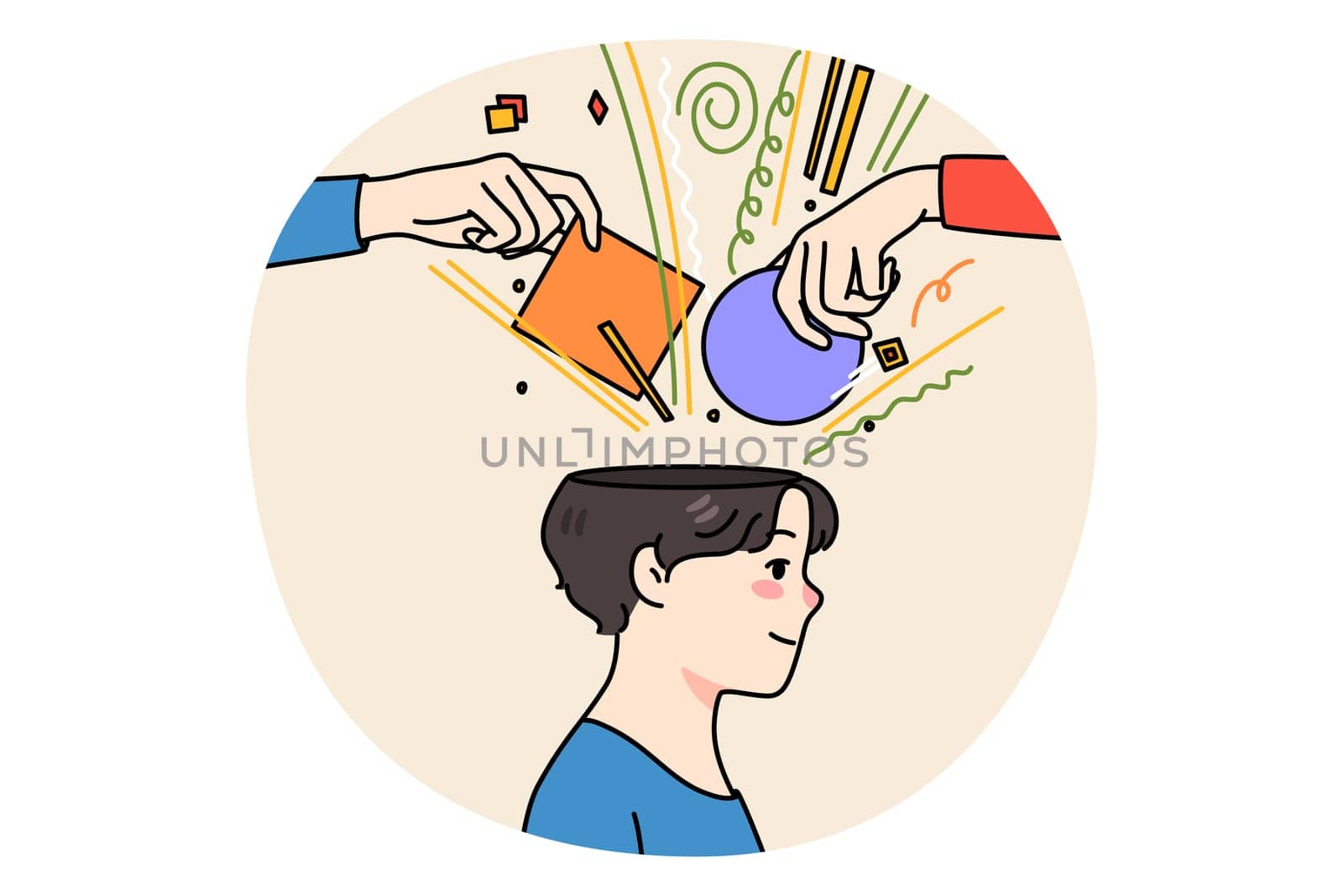 People hands put object in person head help with brainstorming or thinking process. Guy involved in solving problems or issues. Search for solution concept. Flat vector illustration.