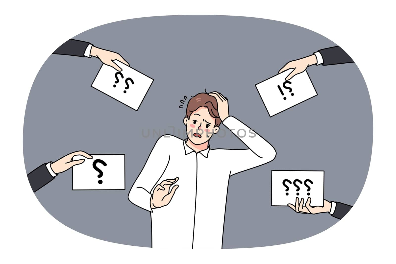 Confused young man with question marks around winder about problem solution. Frustrated guy feel confusion think about solving issue. Dilemma and frustration. Vector illustration.