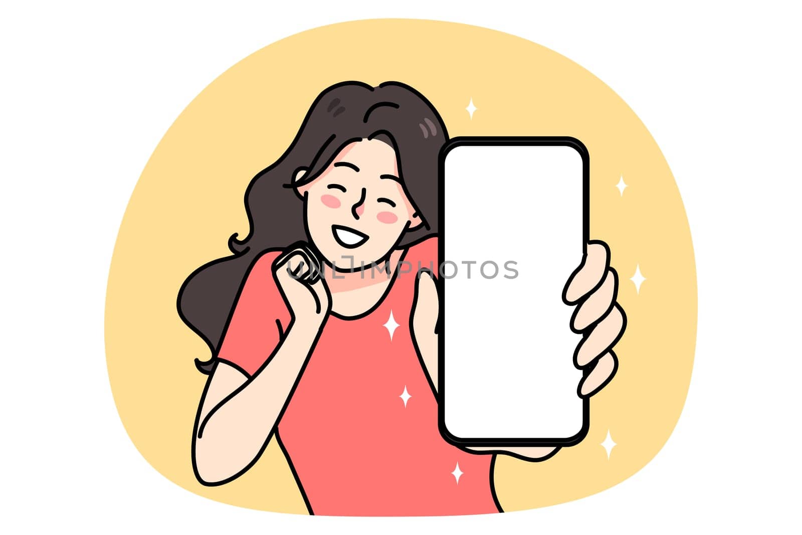 Smiling girl show smartphone with mockup screen