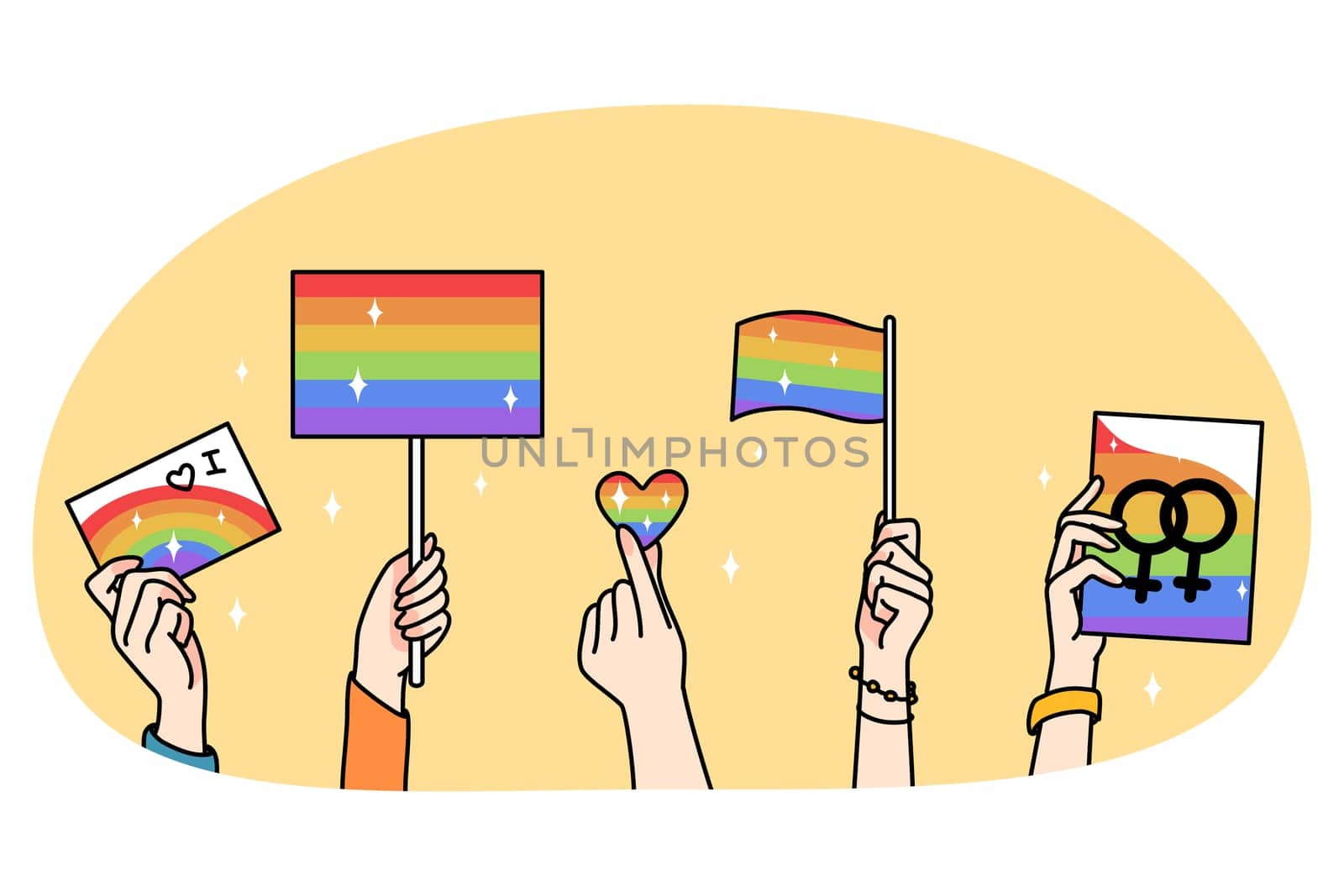 Hands of diverse people hold LGBT flags and banners celebrate international gay day. Volunteers have celebration on pride month. Homosexuality and gender equality. Vector illustration.