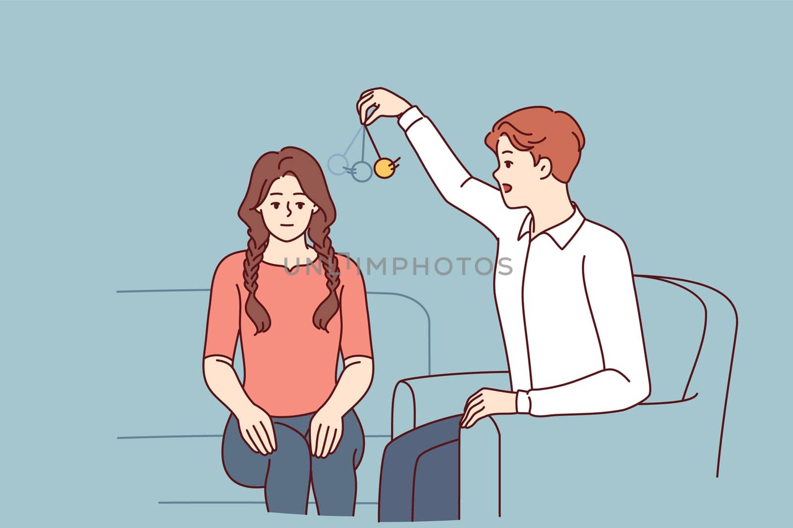 Man psychotherapist hypnotizes woman patient using pendulum to solve psychological problems in subconscious. Guy hypnotizes girl to take advantage unconscious state or remove information from memory