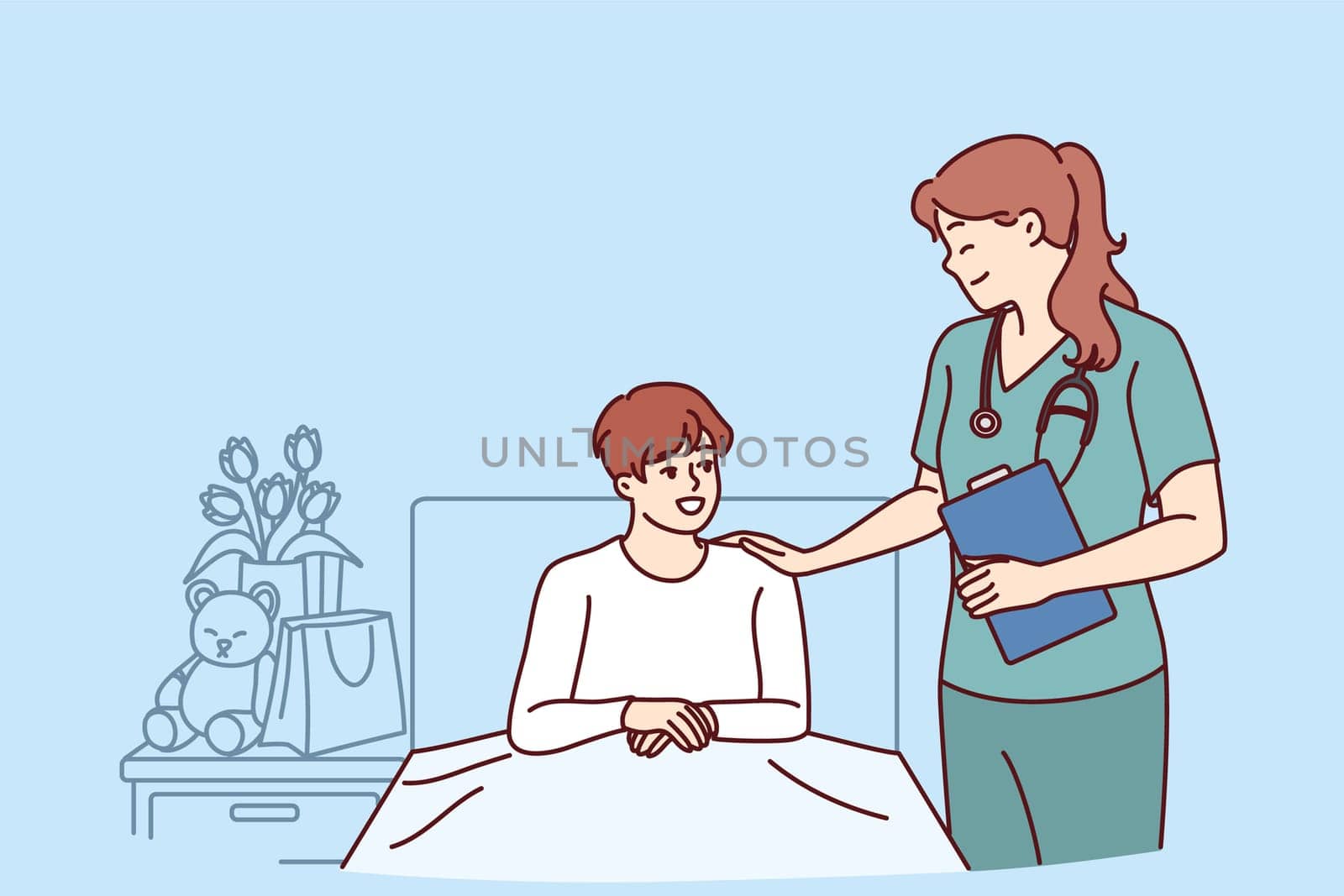 Woman doctor near boy lying on bed in hospital after complications of chronic disease. Doctor pediatrician supports teenager undergoing rehabilitation in hospital after complex operation