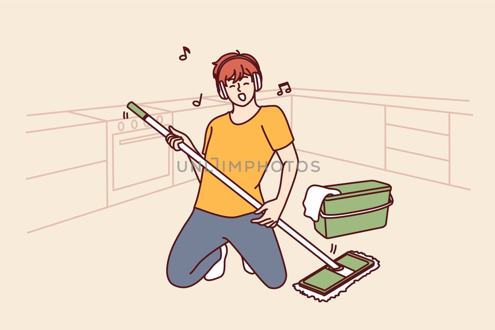 Man cleaning floor with mop stands in pose of rock musician imagining that is holding guitar and performing at concert. Guy in headphones does cleaning dreaming of performing at music rock festival