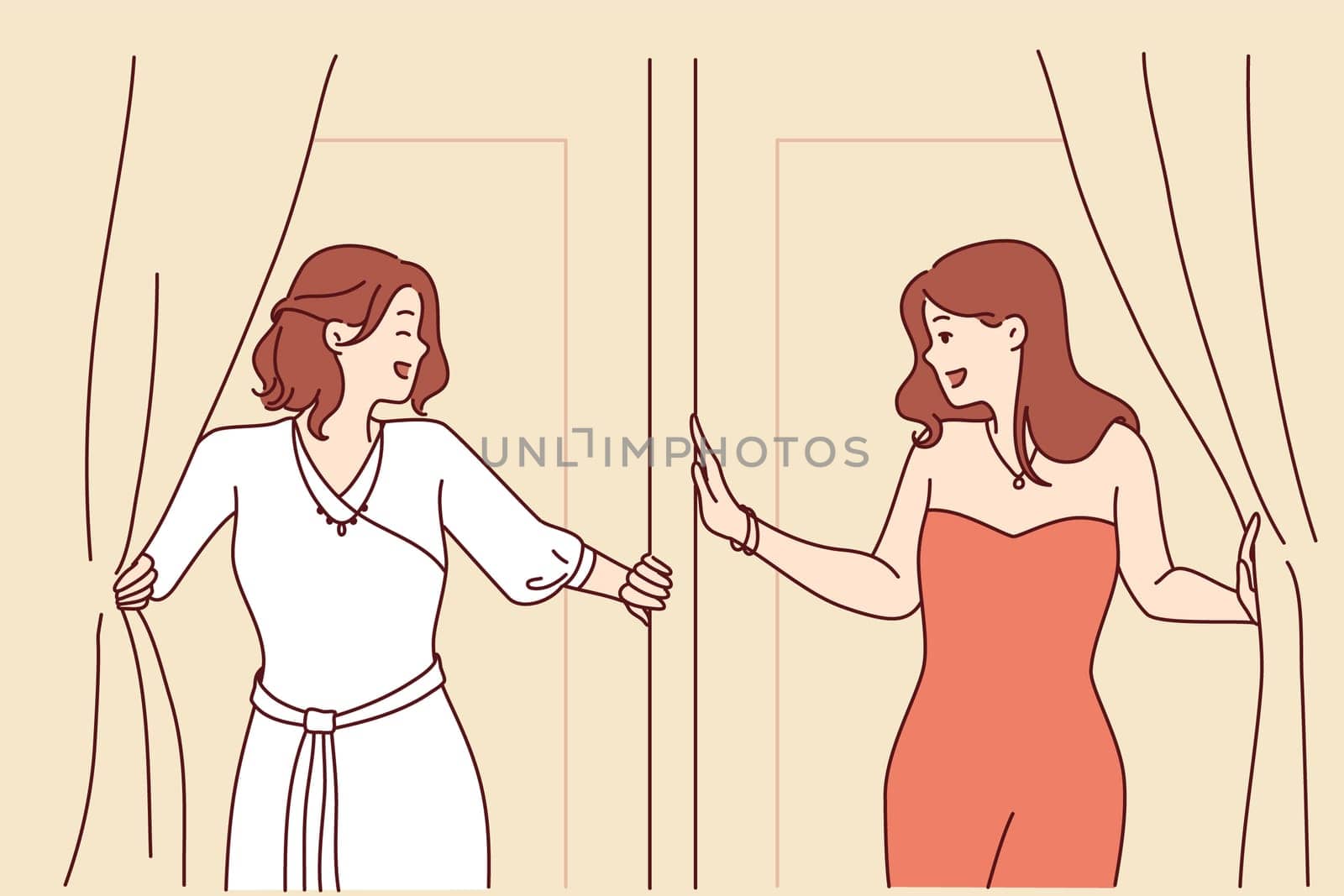Two women leave fitting room in elegant evening dresses for gala dinner or party. Attractive girls in beautiful dresses are standing near fitting room of fashionable clothes store for festive ball