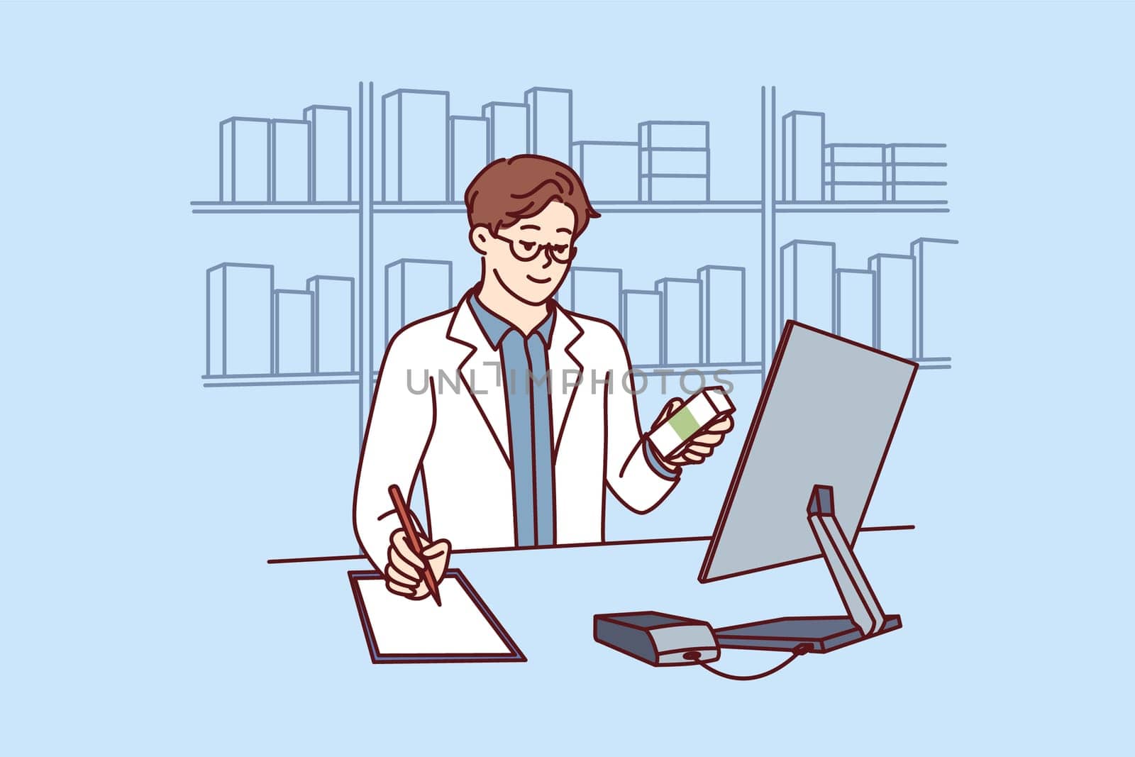 Man pharmacist in white medical coat stands behind counter in pharmacy and prescribes prescription drugs to patients. Pharmacy employee makes notes in notebook choosing antibiotics or vitamins