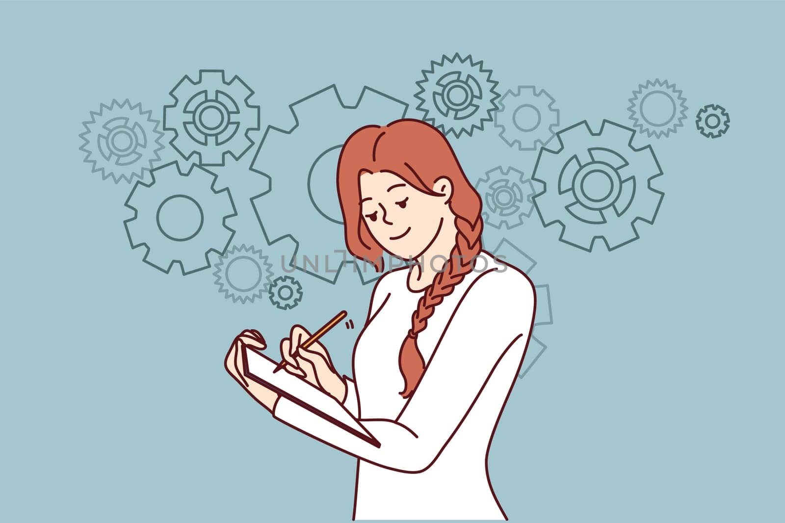 Positive woman is making checklist for improving business performance by making notes in notebook standing near gears. Concept of planning when doing business and drawing up strategic plans