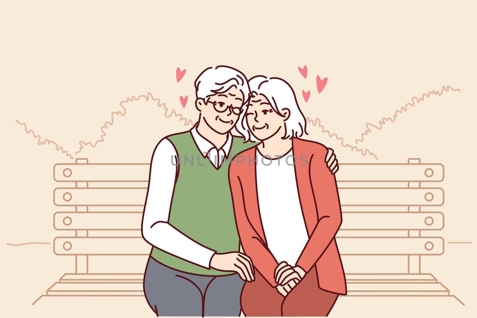 Elderly couple in love sits on park bench hugging and enjoying happy family life. Relationship between elderly man and woman in love sitting hugging and having fun from retirement.