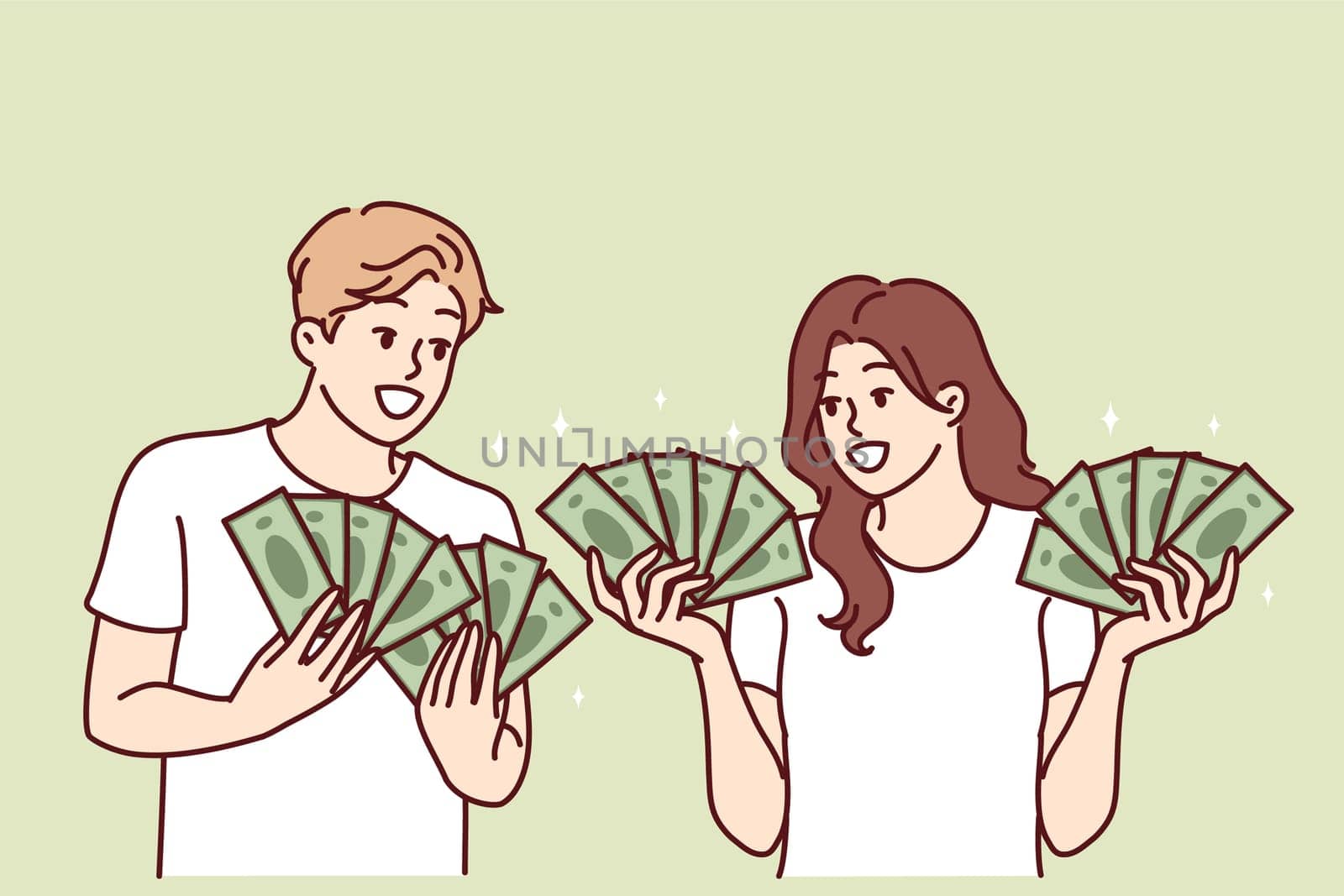 Man and woman with lot of cash in hands brag about money they earned from business or winning jackpot in lottery. Couple rich guys girls with money want to invest savings or invest in startup