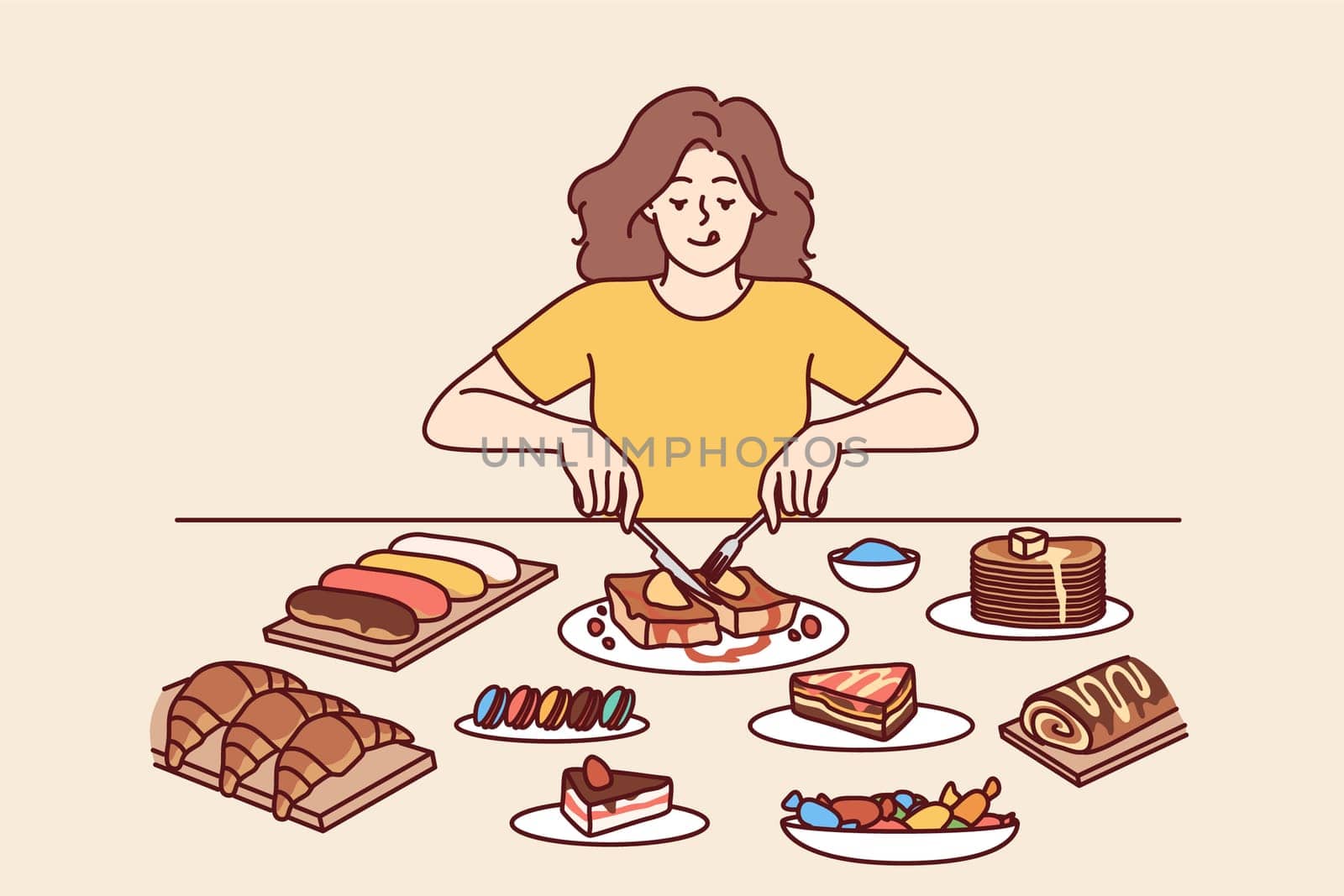 Woman overeats desserts sitting at table with sweet high-calorie food tasting cakes and croissants, forgetting about diet. Girl eats desserts during cheat meal without fear of gaining weight