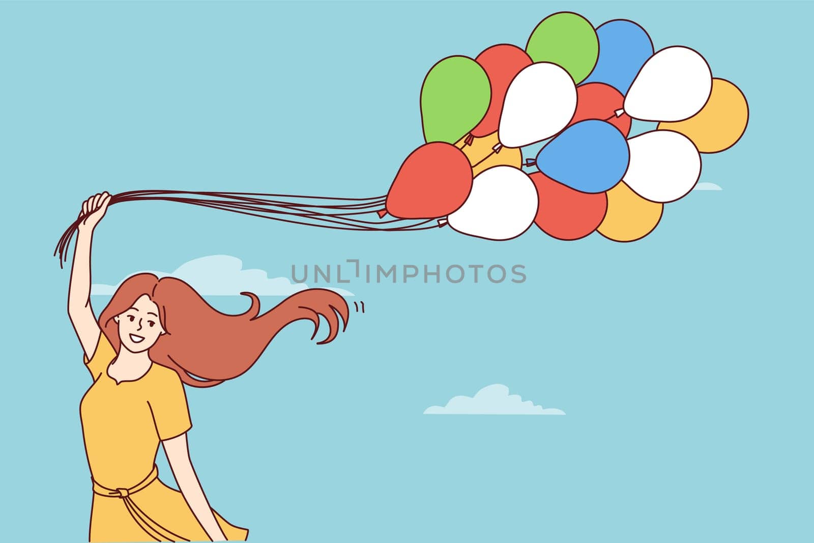 Happy young woman with balloons rejoices at onset of spring and warm weather standing on background of blue sky. Cheerful girl in summer dress with balloons symbolizing lightness and good mood