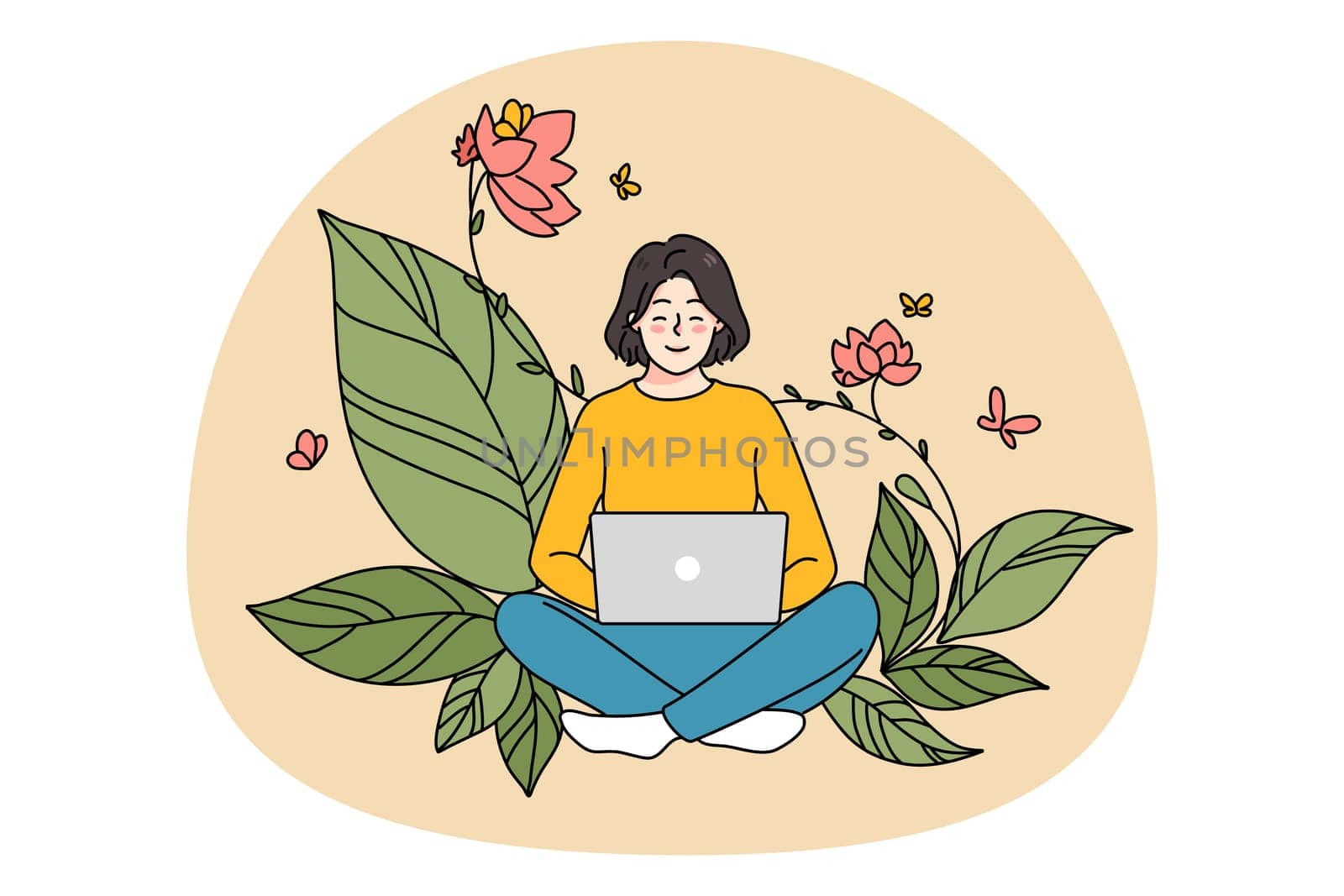 Smiling girl freelancer work online on computer on flower green background. Happy young woman use laptop for remoter job on internet in nature. Distant education. Flat vector illustration.