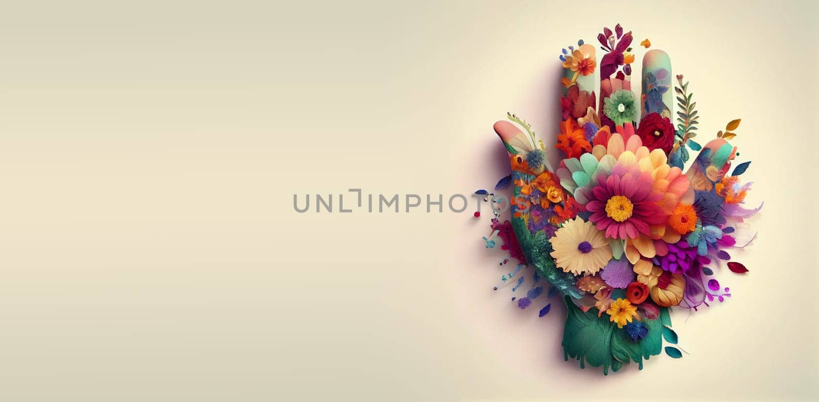 Hand covered with flowers, love and emotion concept, self care, help and charity, generative AI
