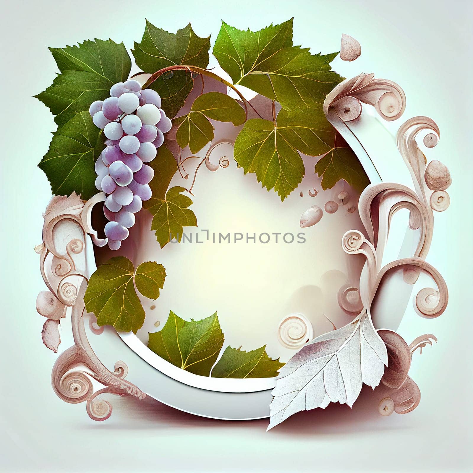 Grapes with vine and leaves, podium platform and product display, wine presentation, generative AI