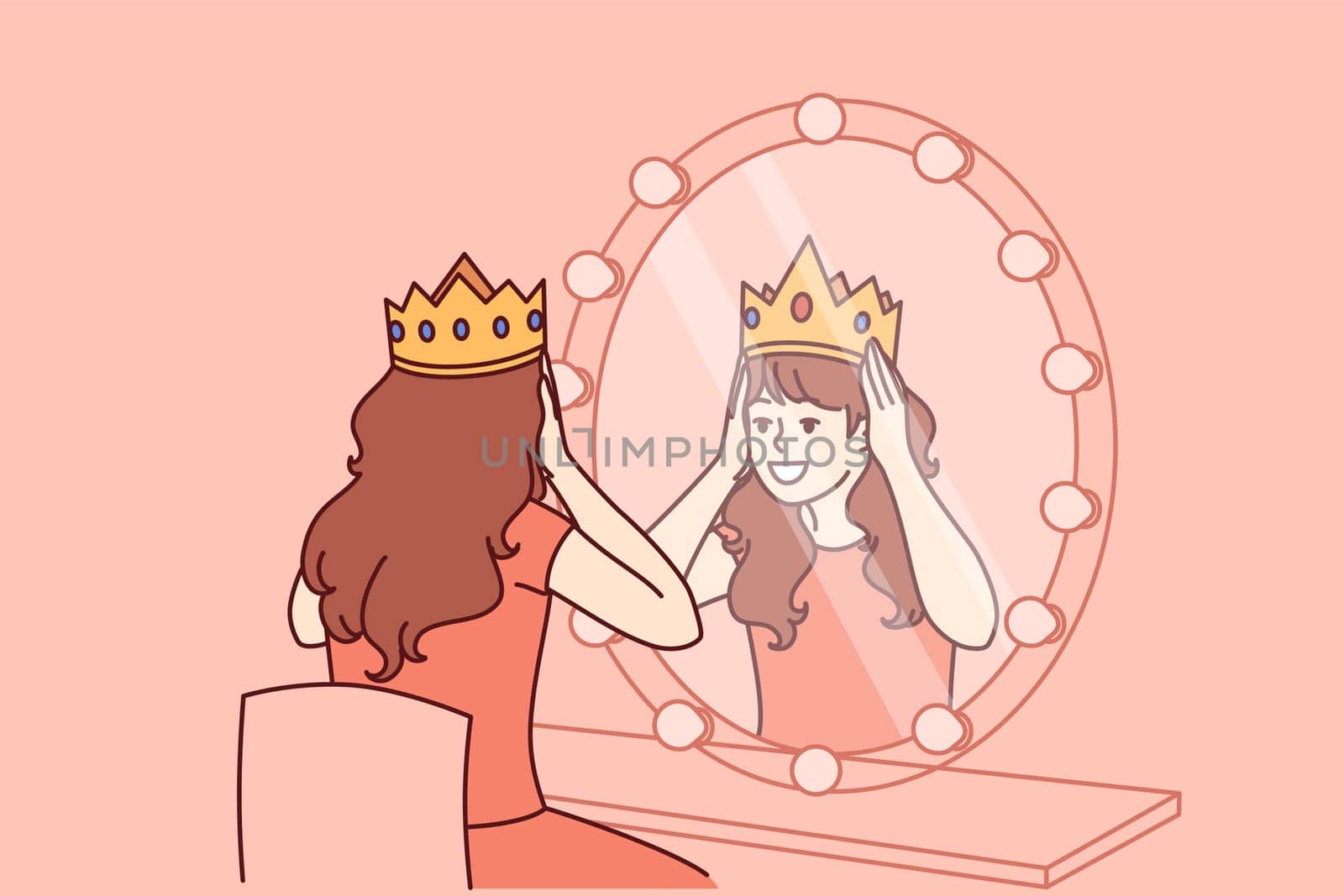 Little actress tries on crown sitting in dressing room with mirror and dreams of playing role of princess on theater stage. Teenage girl puts princess crown on head dreaming of living among kings