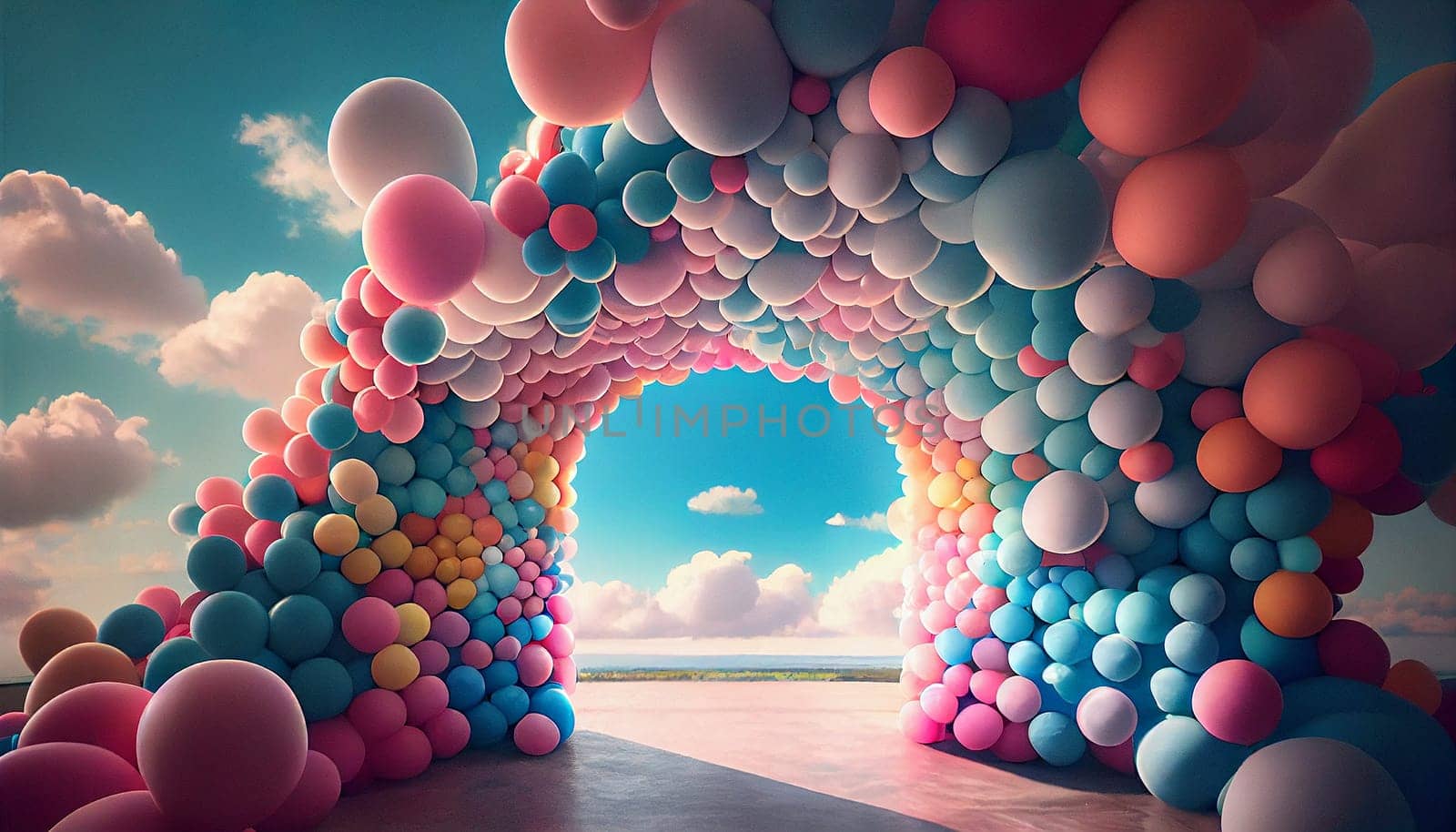 Colorful balloons in the sky, fairytale dreamlike arc, birthday, anniversary and party concept, generative AI