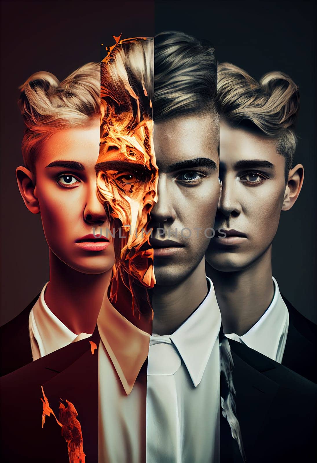 Multiple personality, identity disorder, borderline and Schizophrenia, mental health, transgender and diverse concept, generative AI
