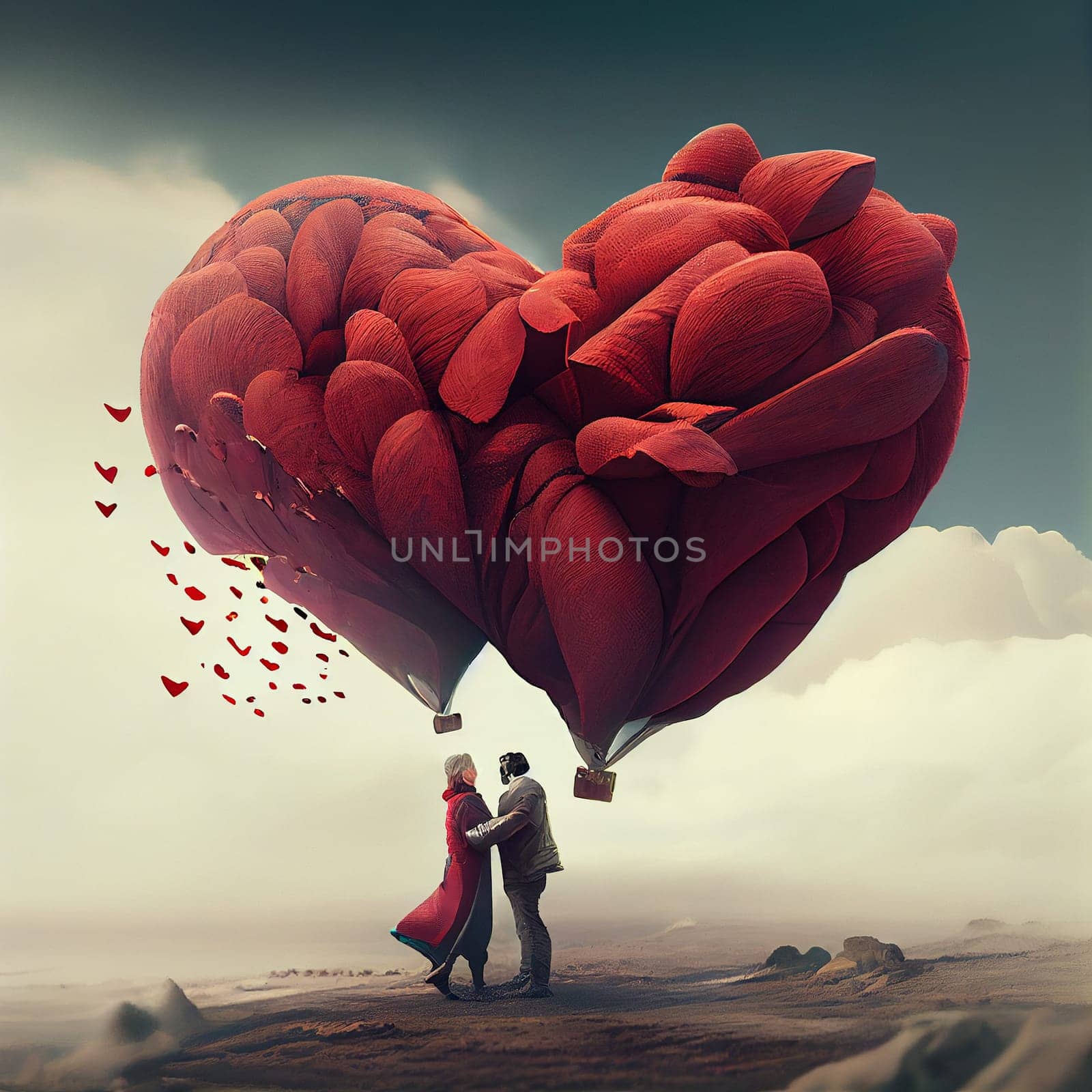 Couple under a red heart in the sky, emotion and love, support of soulmate, romance and honeymoon, Valentine´s day, generative AI