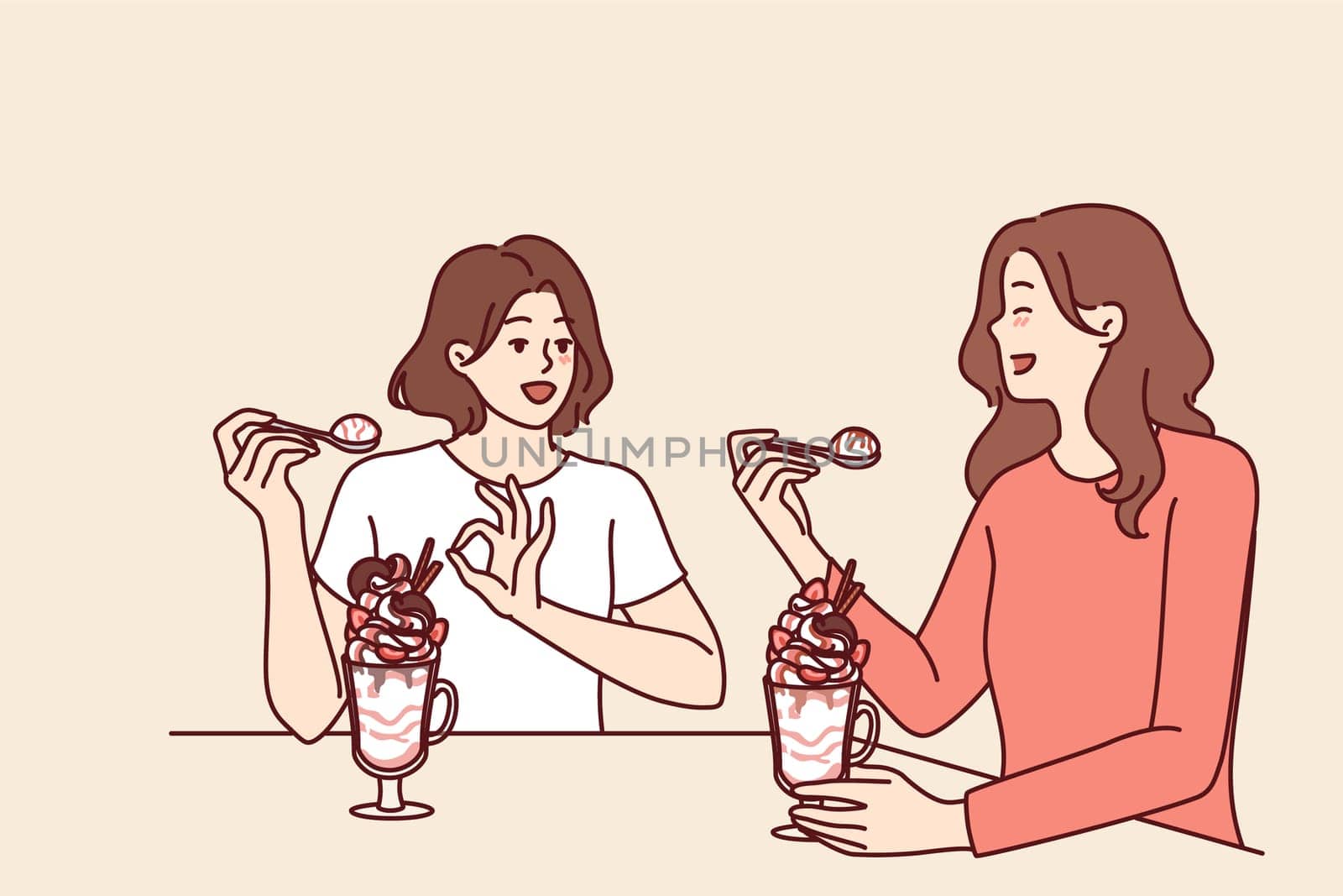 Women having lunch sitting in restaurant eating milkshake and discussing personal lives or plans for weekend. Girlfriends eat ice cream or milkshake in cafe wanting to cool off in hot summer weather