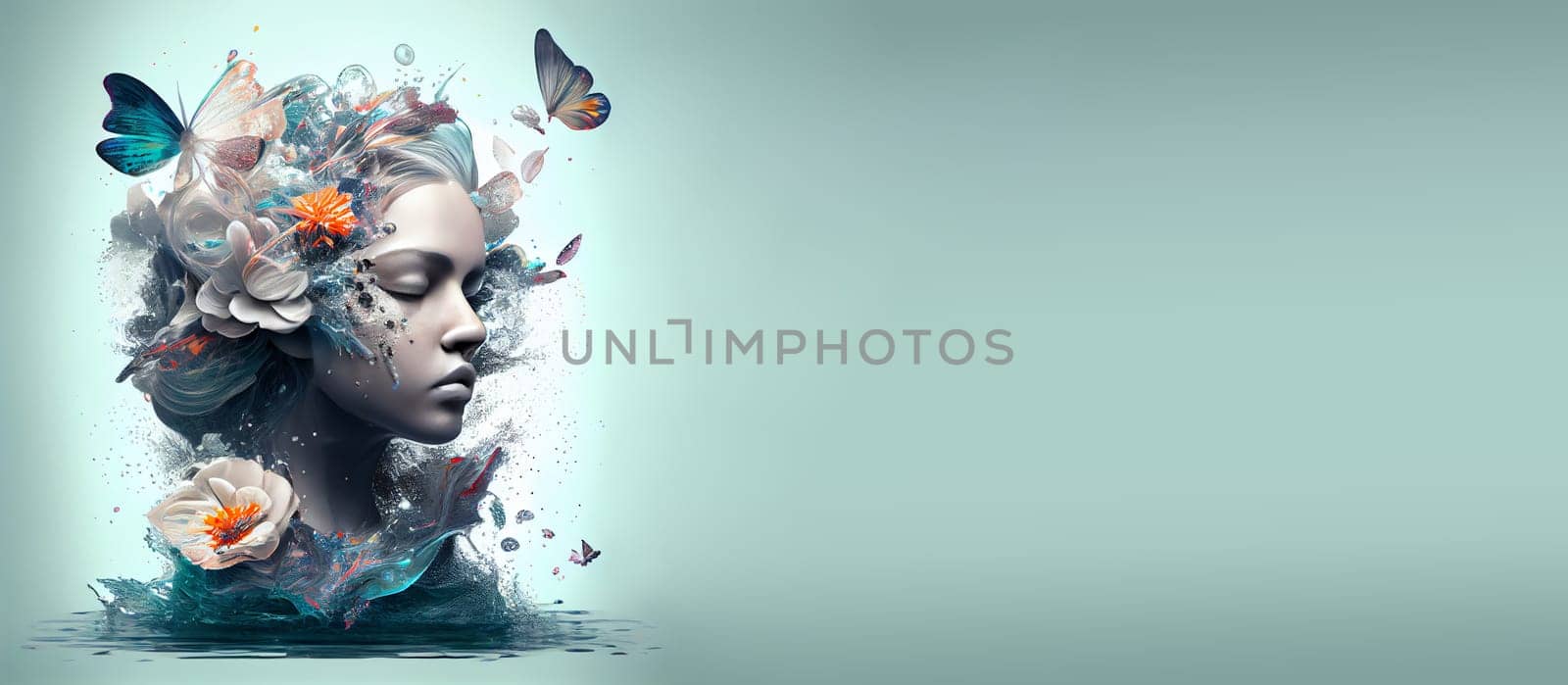 Human brain with flowers, butterflies and water splash, self care and mental health concept, positive thinking, creative mind, generative AI
