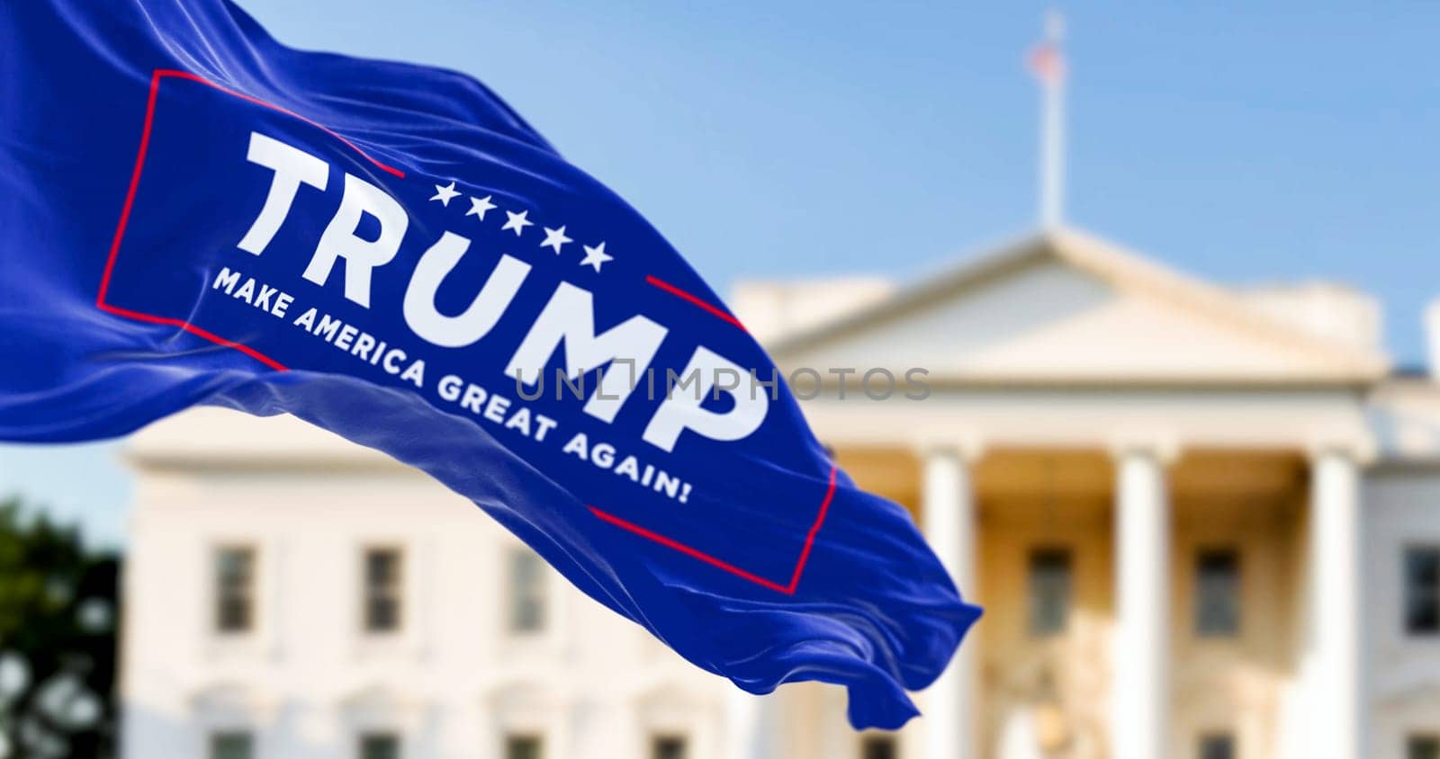 Washington D.C., US, march 2023: Flag with Donald Trump 2024 presidential election campaign logo waving in front a blurred White House. Illustrative editorial 3d illustration render