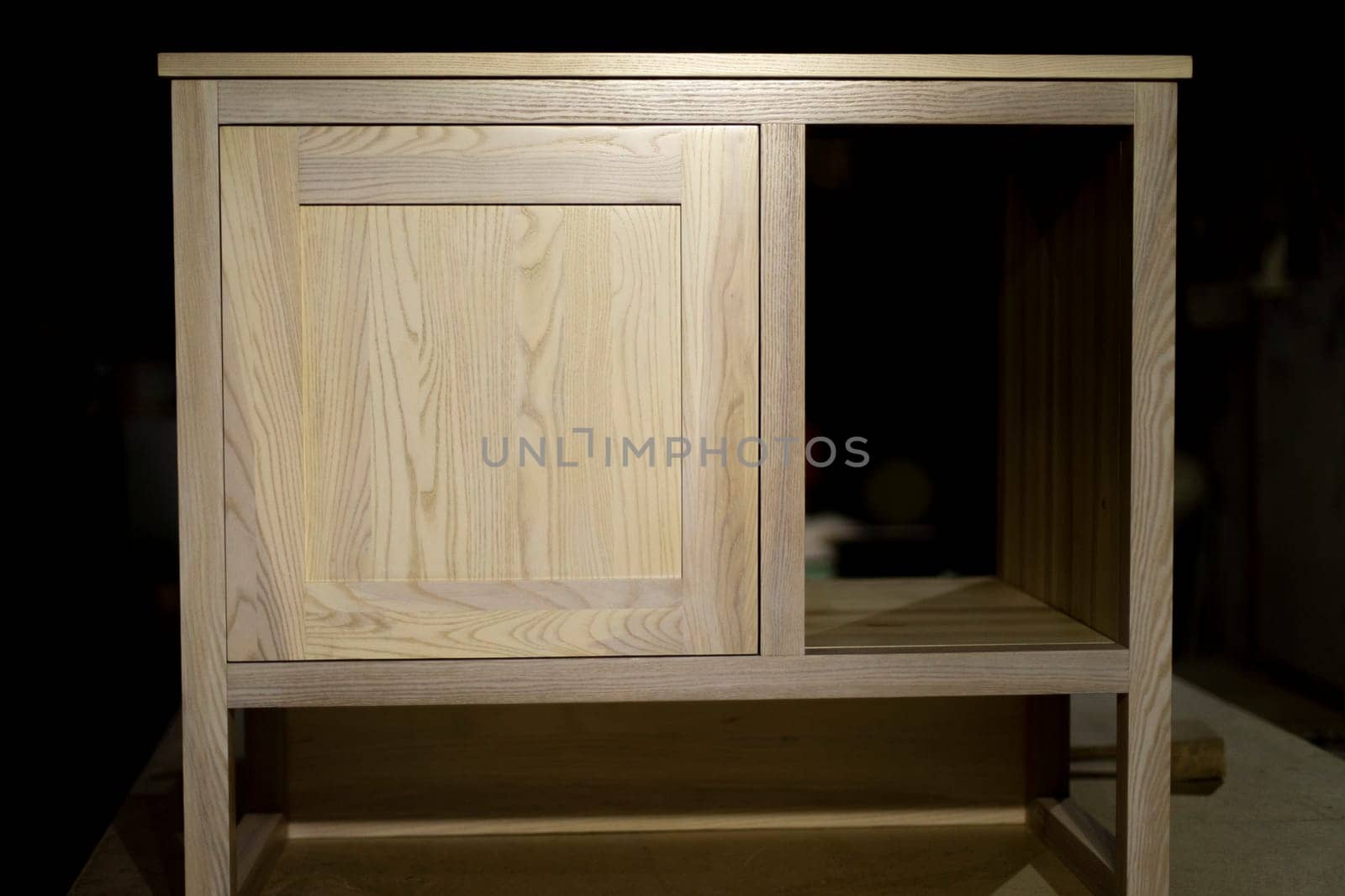 Wooden table. Furniture in workshop. Cabinet making. Raw board.