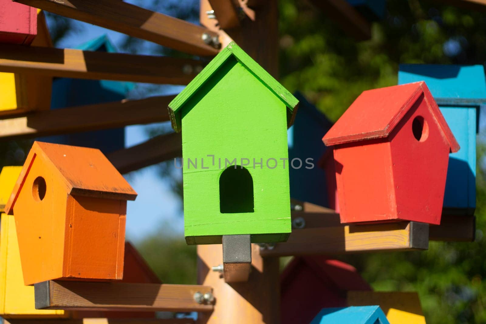 Houses for birds. Colored wooden houses. An element in the park. Art object for animals. Bird care.