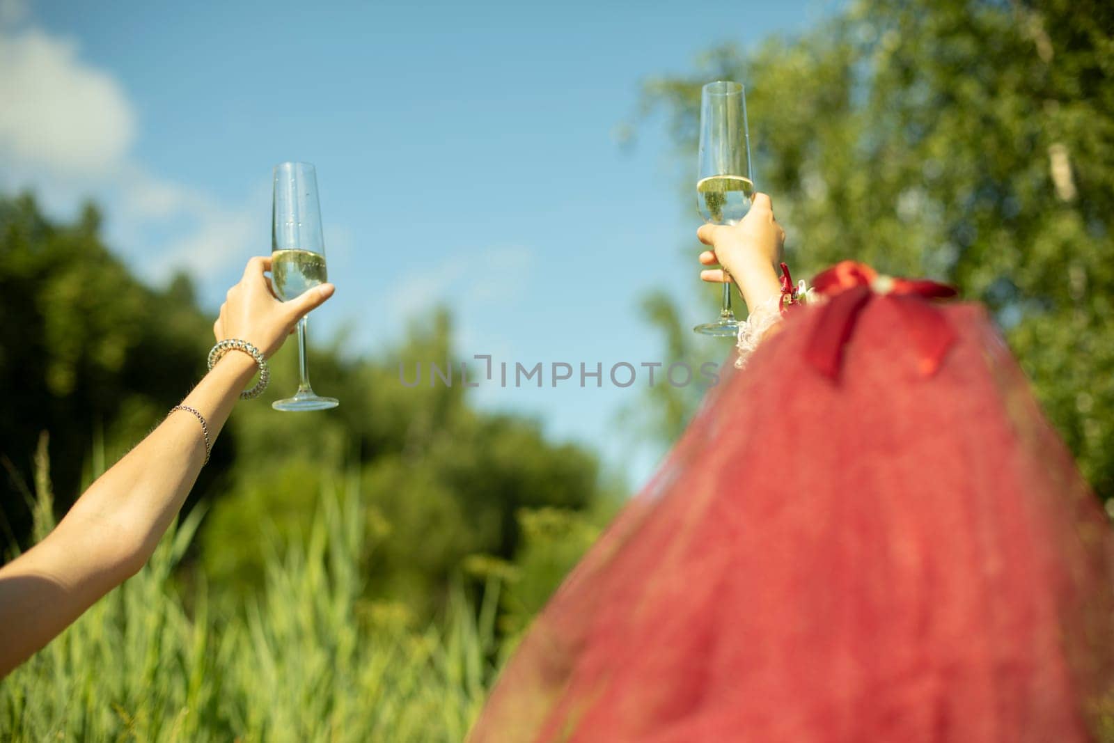 Girls raised glasses of champagne. Alcohol in hand. Drinks at party. Bridesmaids raise toast.