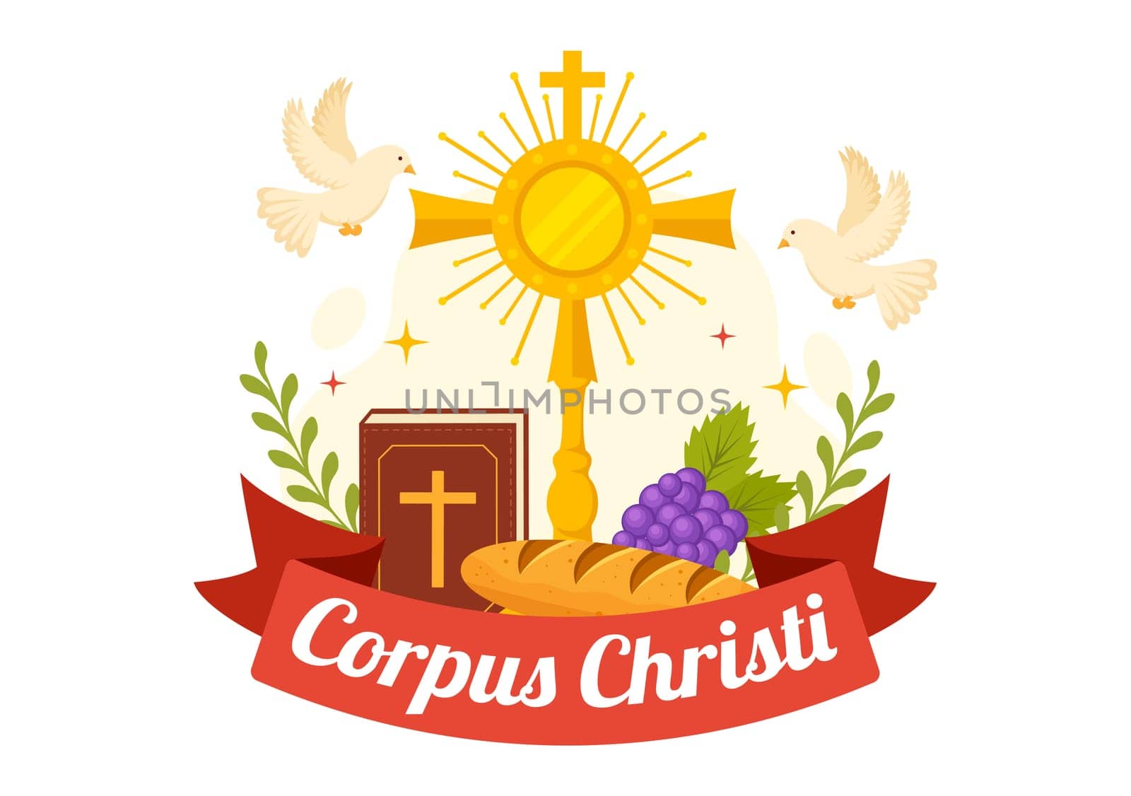 Corpus Christi Catholic Religious Holiday Vector Illustration with Feast Day, Cross, Bread and Grapes in Flat Cartoon Hand Drawn Poster Templates