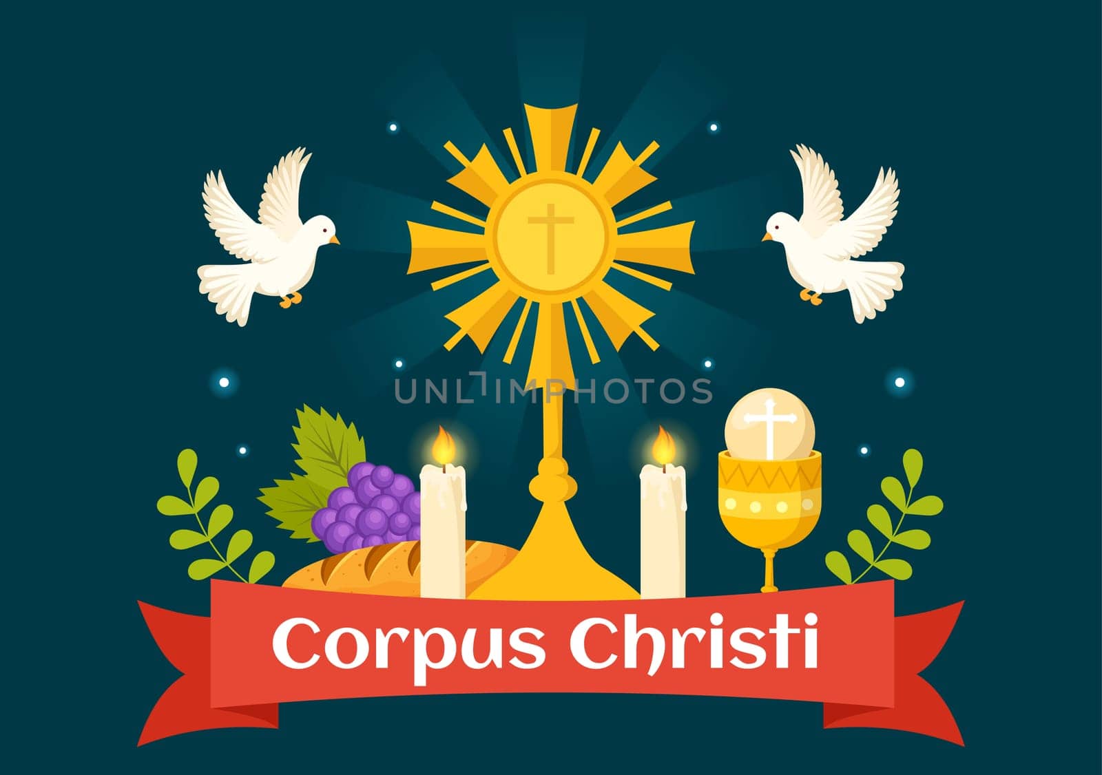Corpus Christi Catholic Religious Holiday Vector Illustration with Feast Day, Cross, Bread and Grapes in Flat Cartoon Hand Drawn Poster Templates